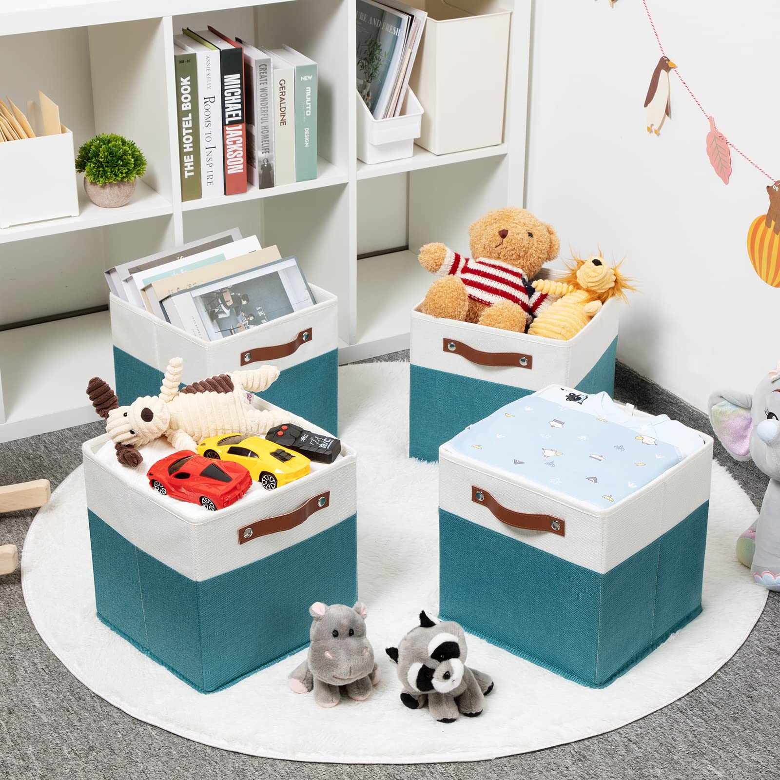 HNZIGE Storage Cubes Bins for Organization Set of 4  Fabric Storage Cube 12 x12  Collapsible Storage Bins Basket Cube with Handles  Canvas for Organizing Shelf Home Nursery(Teal White)