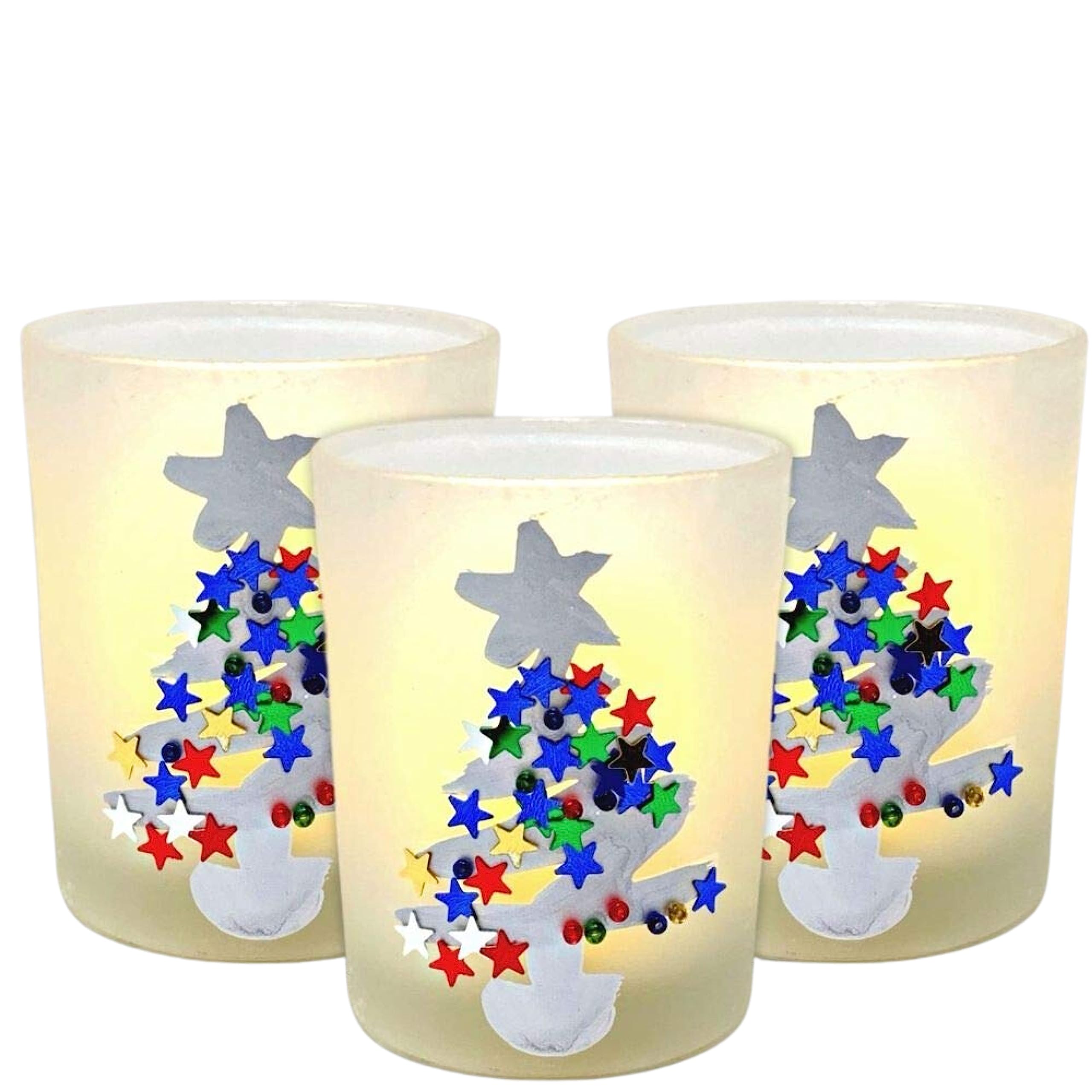 Christmas Tree Candleholders - Silver Hand Painted Trees with Chunky Glitter - Set of 3 - Frosted Glass Holders - 2.75 H x 2.25 