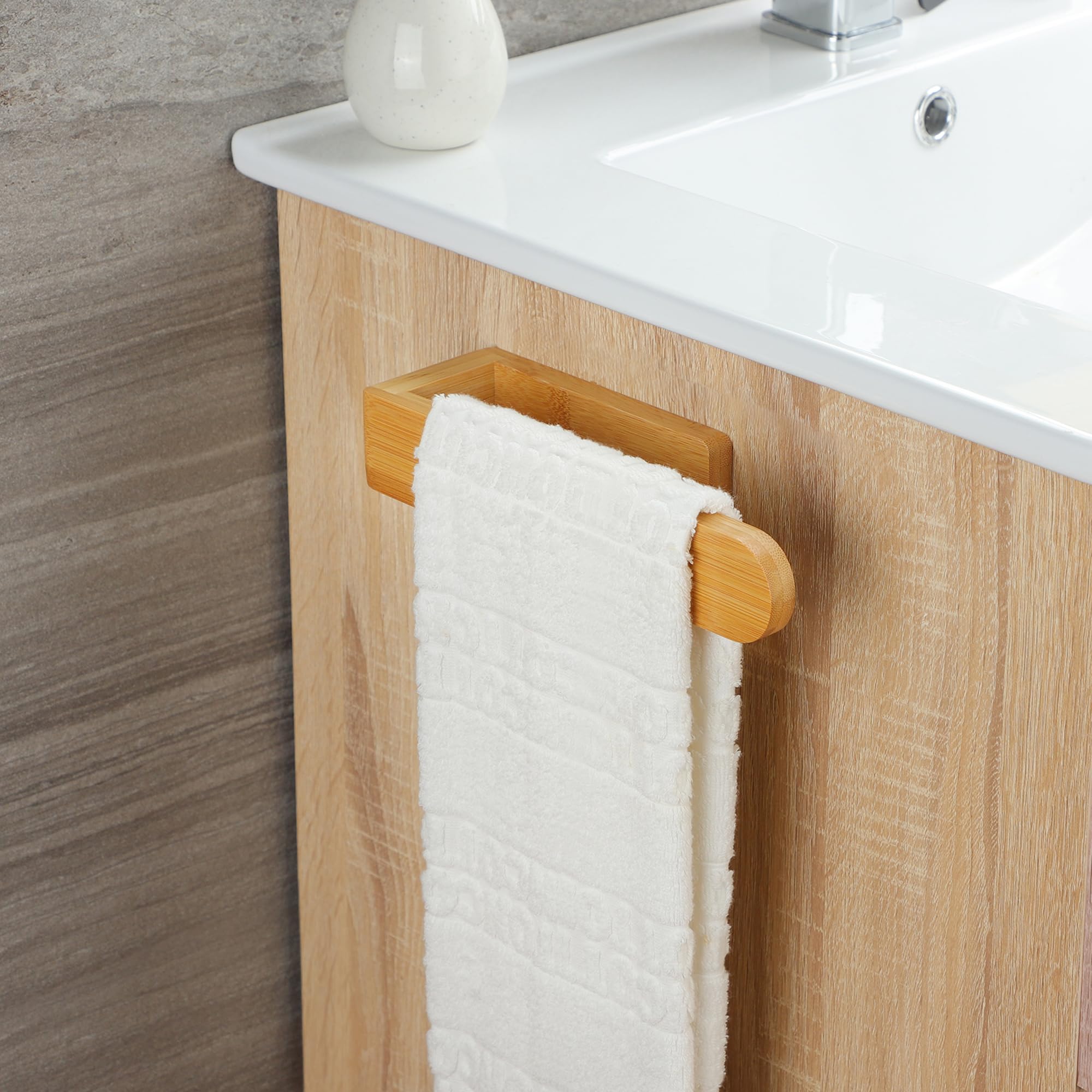 Taozun Towel Holder - Self Adhesive Bamboo Towel Rack, Decorative Natural Wooden Towel Rail For Bathroom, 8 Inch Wall Mounted To