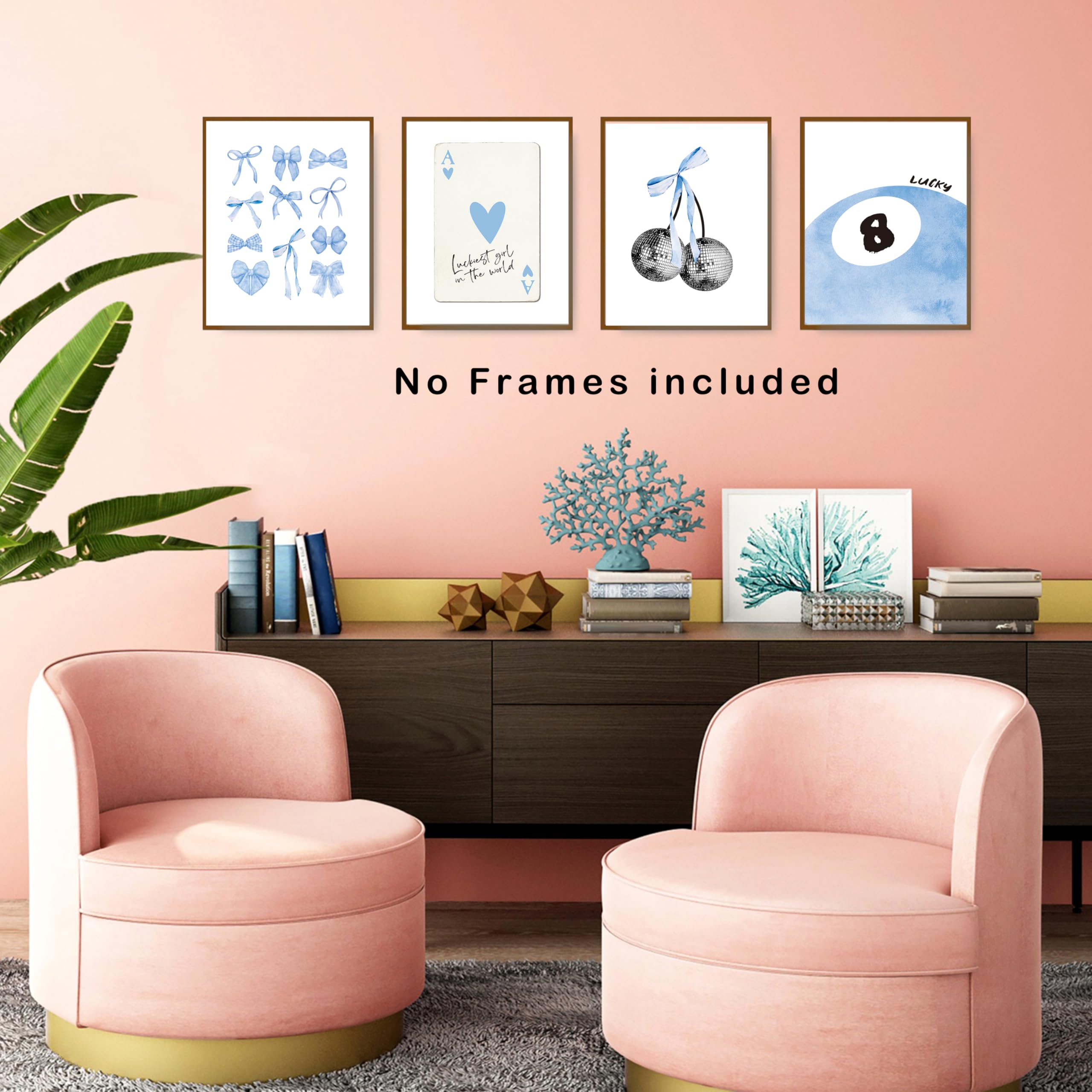 Okaxscm Light Blue Coquette Trendy Preppy Wall Art Prints Set Of 4, Coquette Preppy Room Decor, Blue Bow Disco 8 Ball Cherry Wal