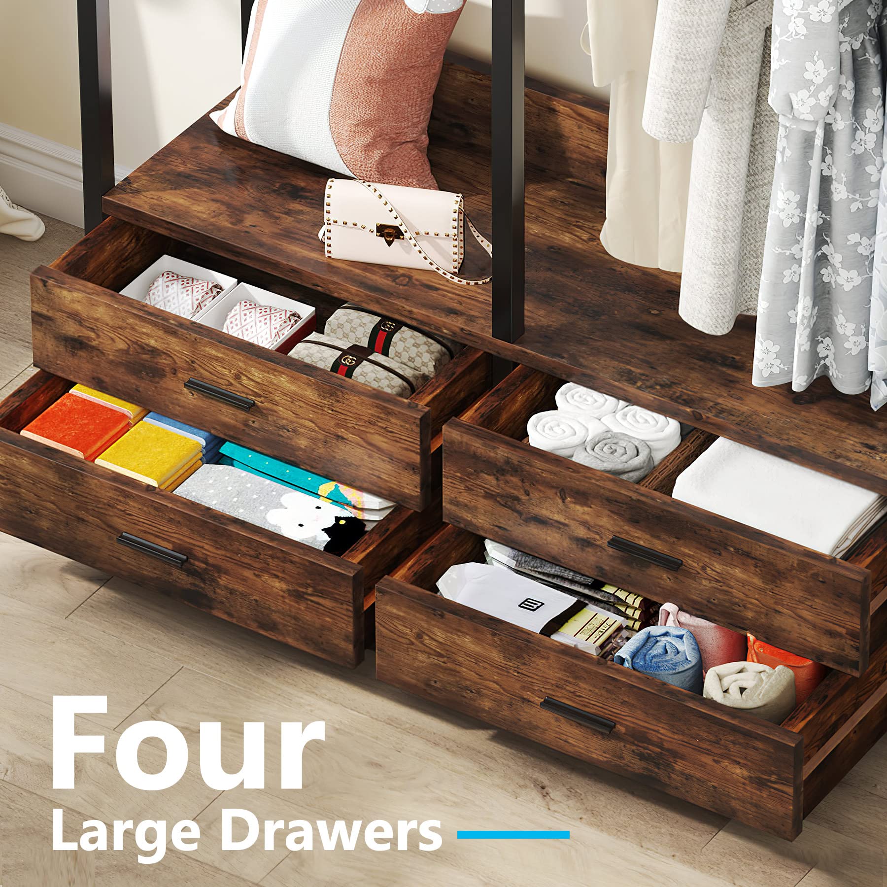 Tribesigns Freestanding Closet Organizer For Hanging Clothes, Heavy Duty Garment Rack With 4 Drawers, 8 Hooks And Storage Shelve