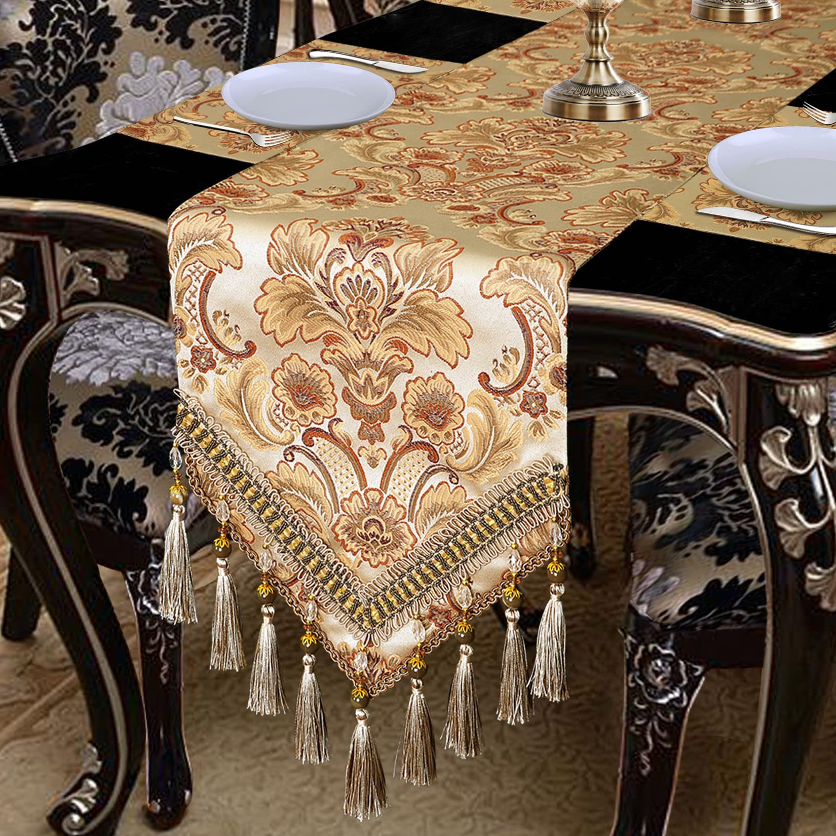 Grelucgo Luxury Thick Lined Damask Table Runners With Multi-Tassels (12X72 Inch)