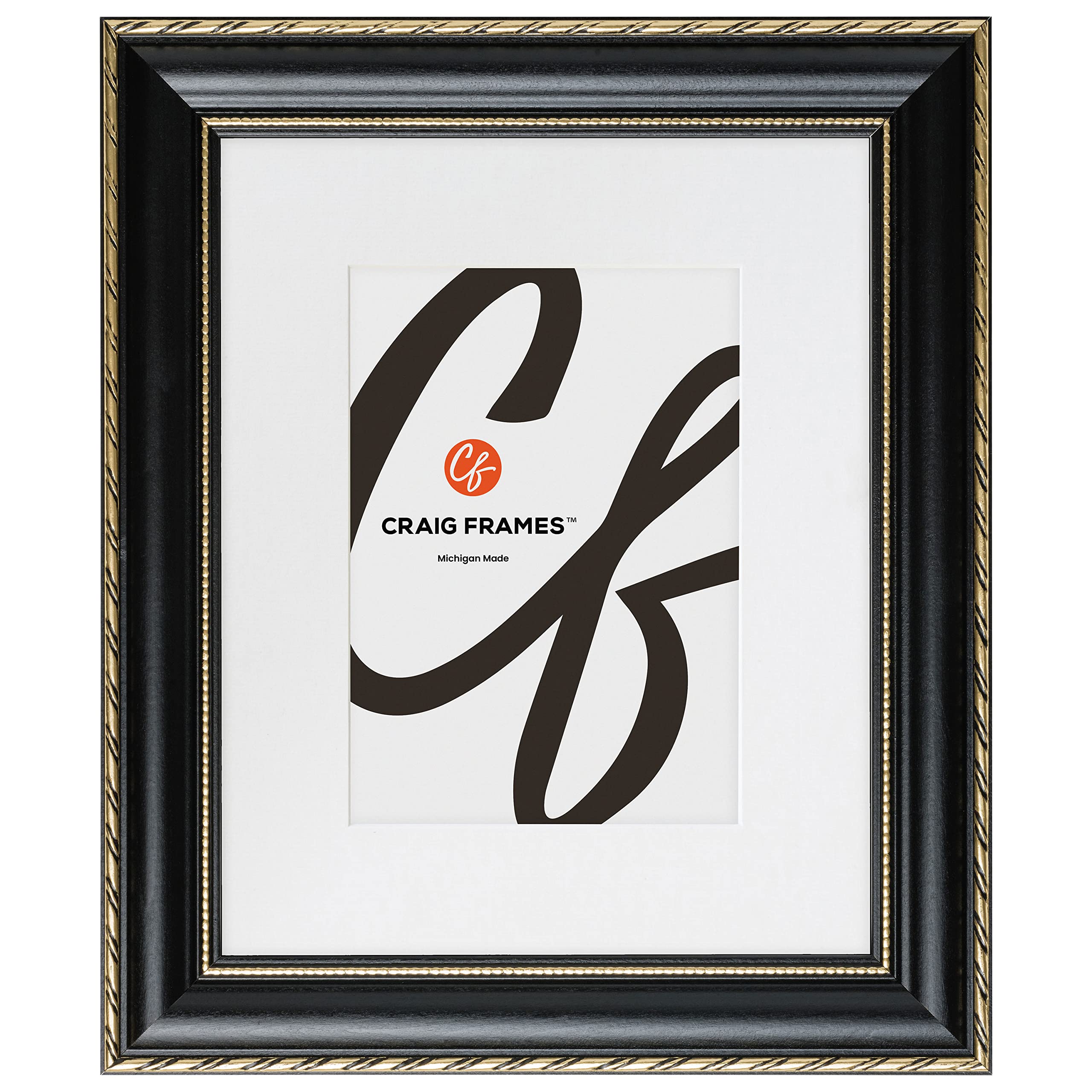 Craig Frames Victoria, 8x10 Picture Frame Matted for a 5x7 Photo, Ornate Black and Gold