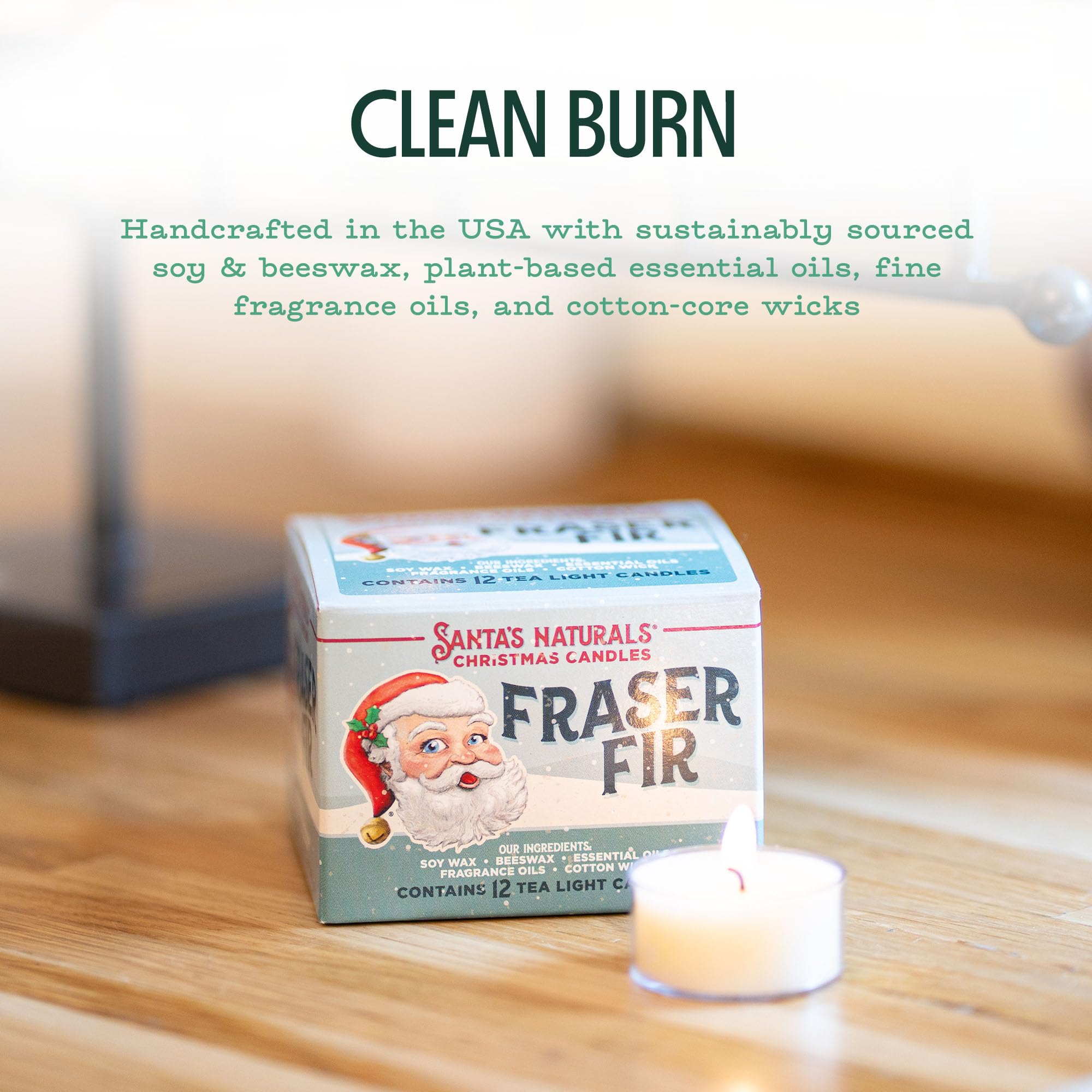 Santa s Naturals Fraser Fir Christmas Tea Light Candles for Holidays & Gifts, Fresh Cut Tree Scent, Soy & Beeswax Blend, 4-Hour