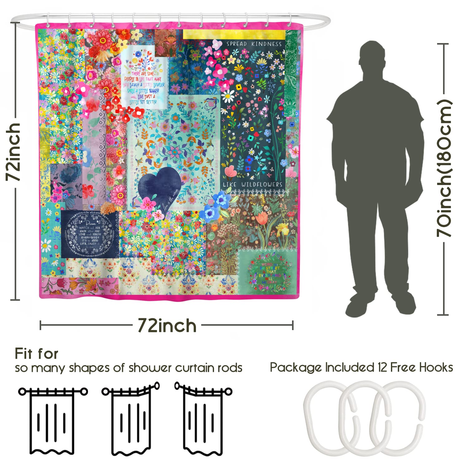Boho Floral Shower Curtain For Bathroom,Patchwork Bohemian Retro Blue Colorful Flower Shower Curtain With Hooks,Polyester Fabric