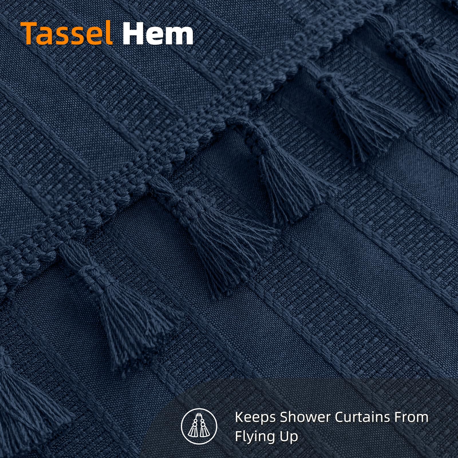 Navy Blue Shower Curtain Boho Farmhouse Striped Textured Tassel Shower Curtains For Bathroom Minimalist Cloth Shower Curtain Set