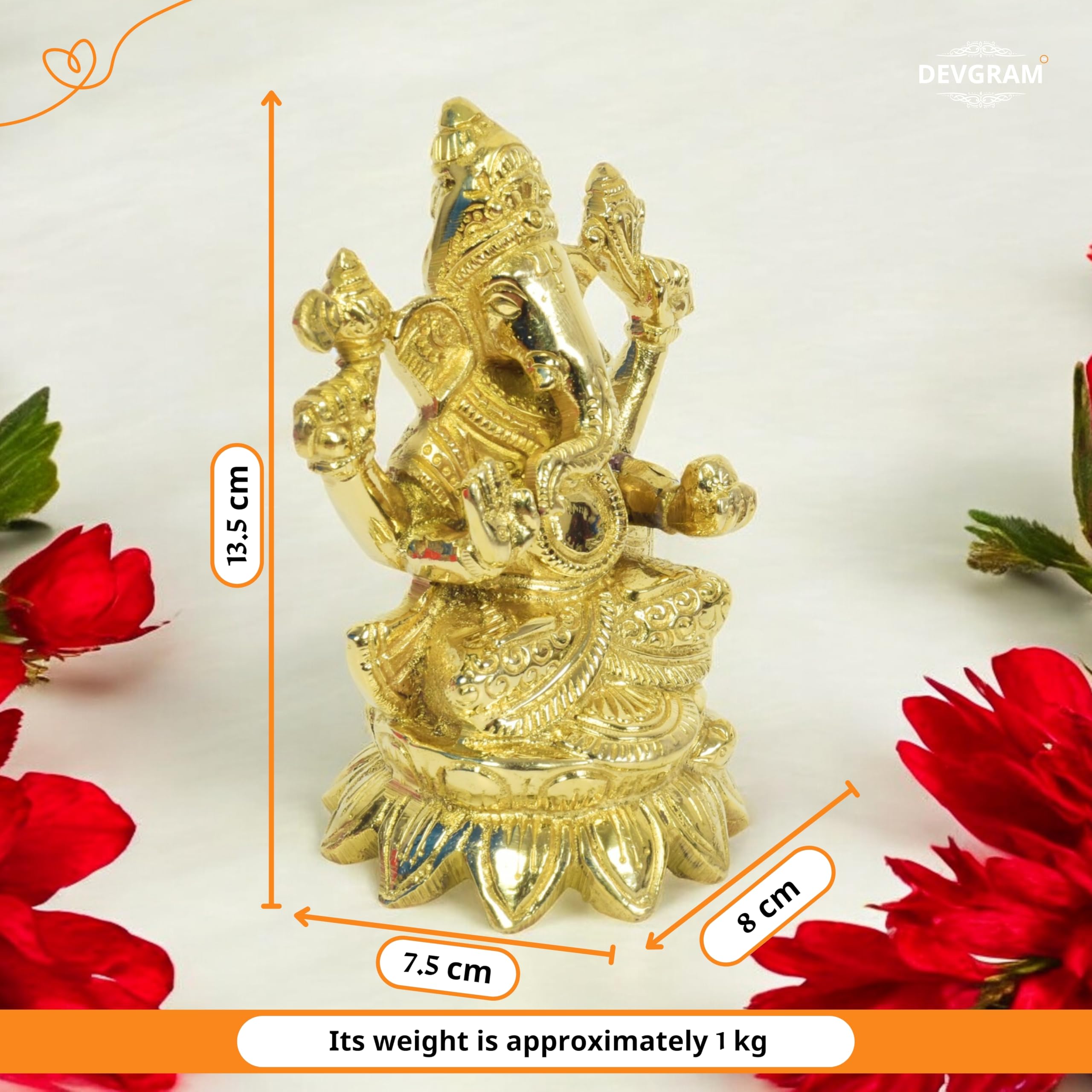 Devgram Brass Ganesh Idol - 5 Inch Brass Ganpati Murti God Sitting Ganesha Vinayak Murti | Showpiece For Home Dcor, Office, Vast