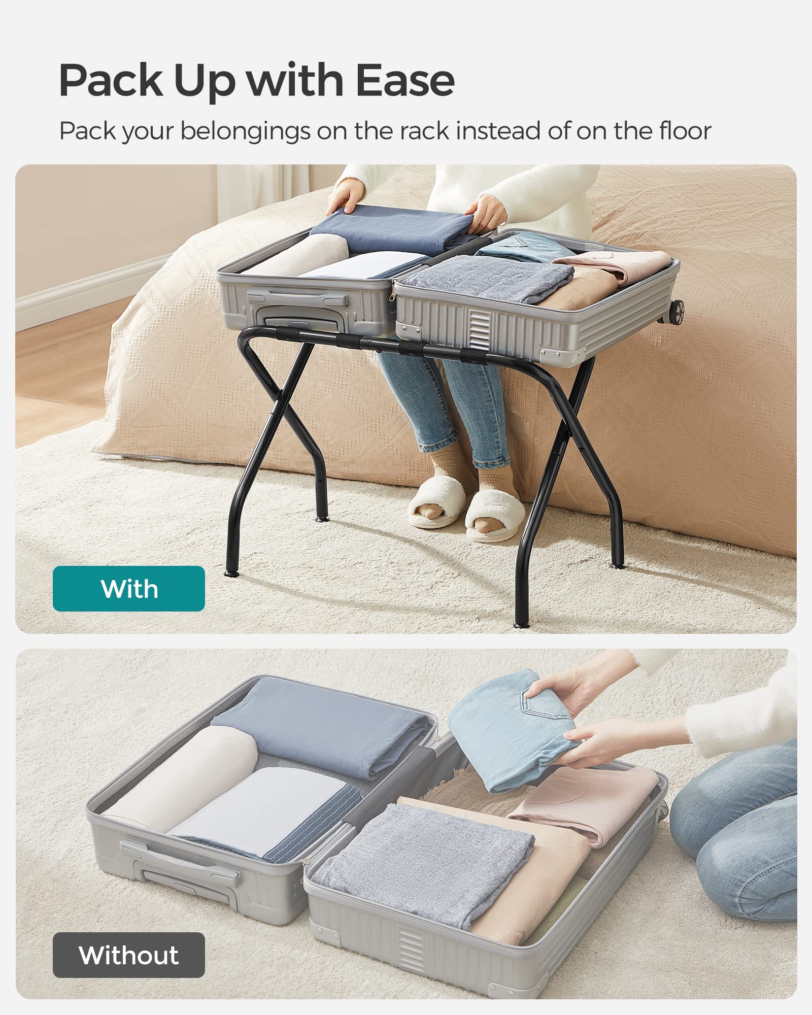 Songmics Luggage Rack For Guest Room, Set Of 2 Suitcase Stands, Foldable Steel Frame, For Hotel, Bedroom, Holds Up To 110 Lb, 27