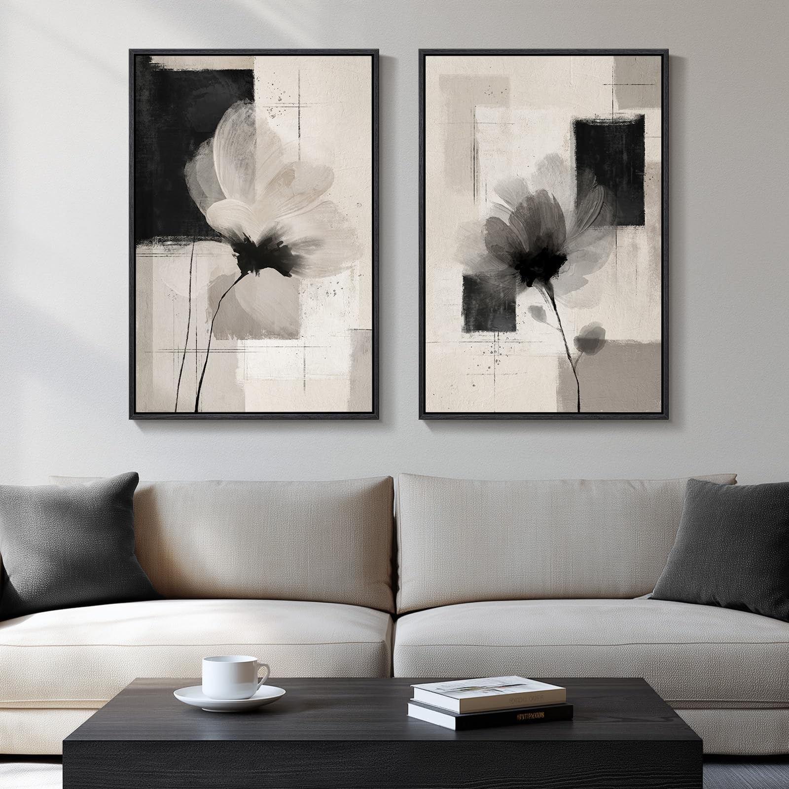 Framed Neutral Abstract Floral Wall Art, 2 Piece Black And Beige Minimalist Canvas Prints Paintings Artwork For Walls, Modern El