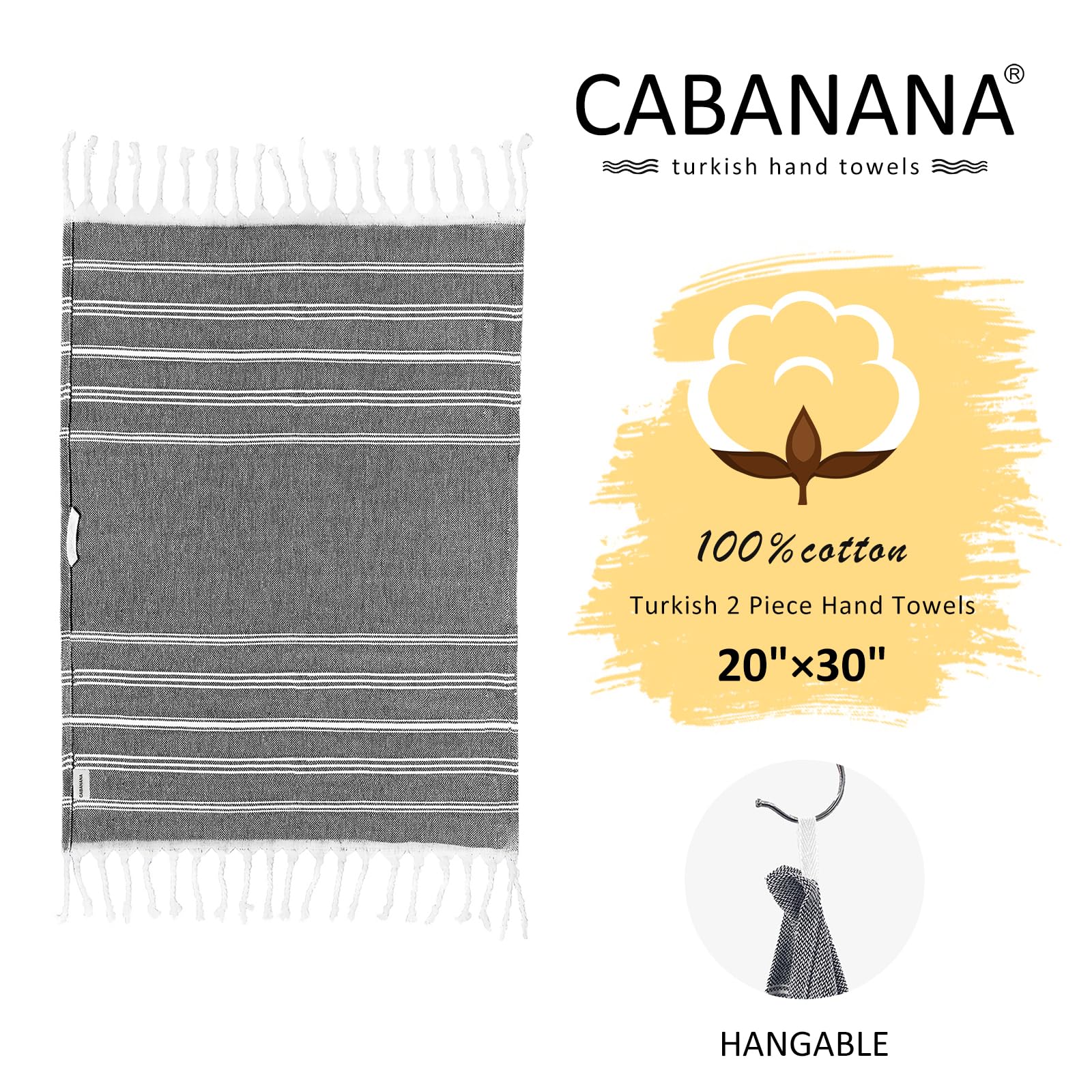Cabanana Cotton Turkish Hand Towel - Set Of 2 | Boho Kitchen Tea Towels, 30 X 20 Inches Thin Decorative Bathroom Towel (Black)