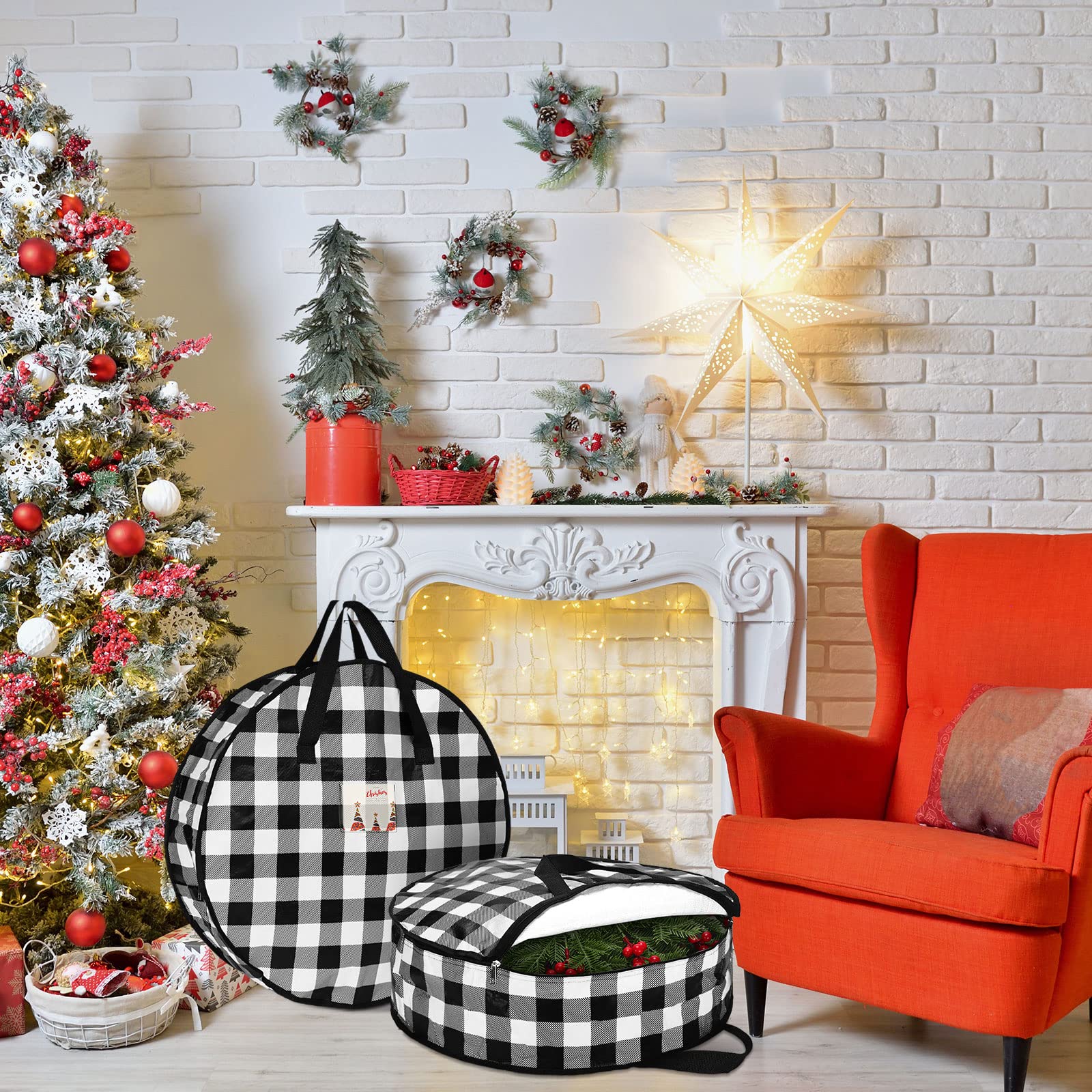 Sadnyy 4 Pcs Christmas Wreath Storage Bag 24 Inch Large Wreath Storage Container Buffalo Plaid Garland Container Waterproof Wrea