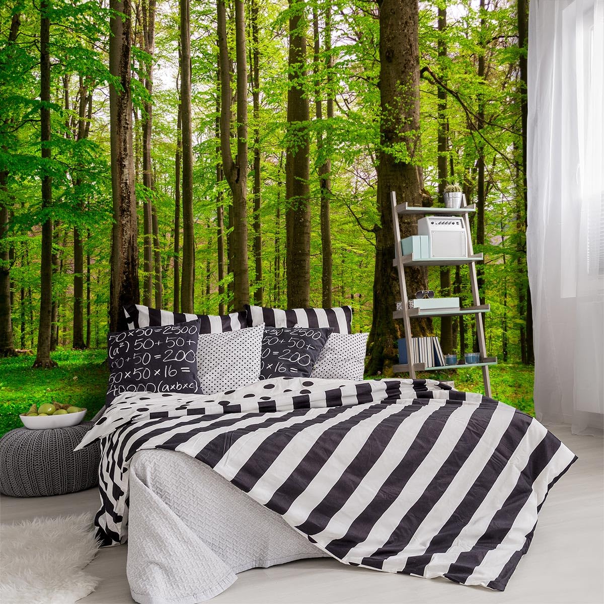 YIHWM -Green Forest Landscapes Woodland Tree Fabric Wallpaper Living Room Bedroom Bathroom Jungle Wall Mural- 91x65( not Peel an