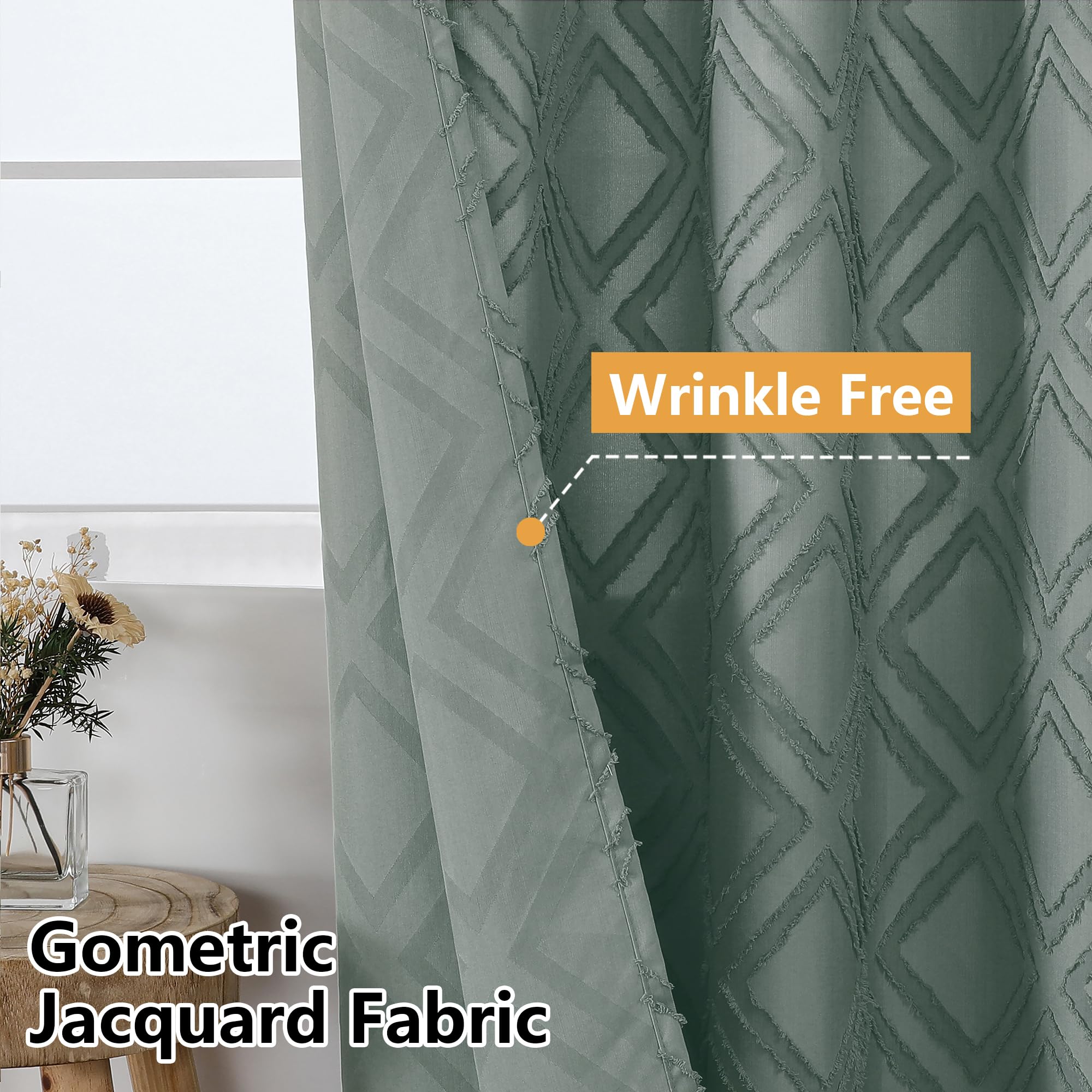 Owenie Sage Green Shower Curtain Set, Jacquard Geometric Textured Fabric Boho Shower Curtains For Bathroom, Soft Hotel Style Far