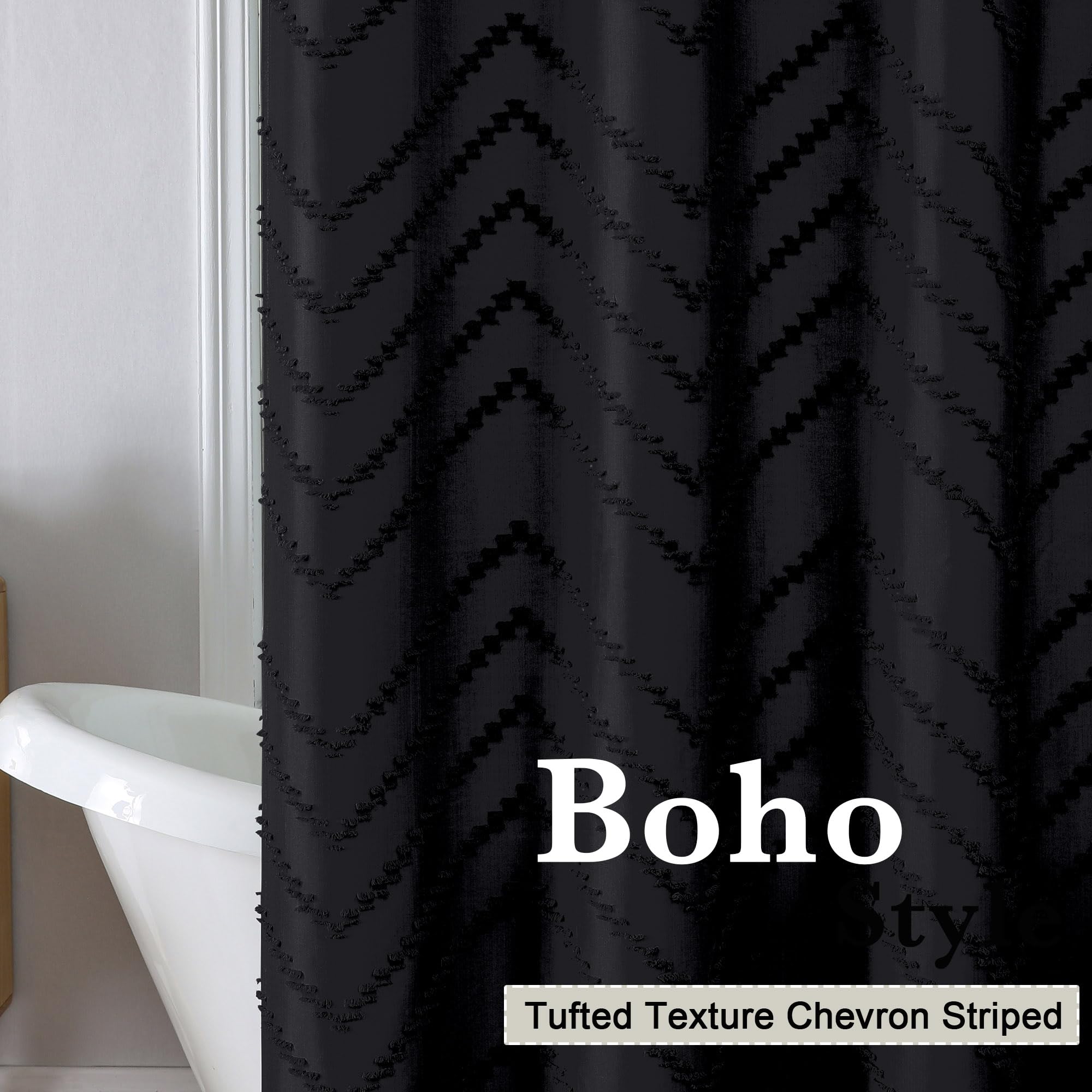 Chyhomenyc Chevron Extra Long Black Boho Shower Curtain Set 72X84 Inches, Fabric Shower Curtain Modern Farmhouse Chic Textured T