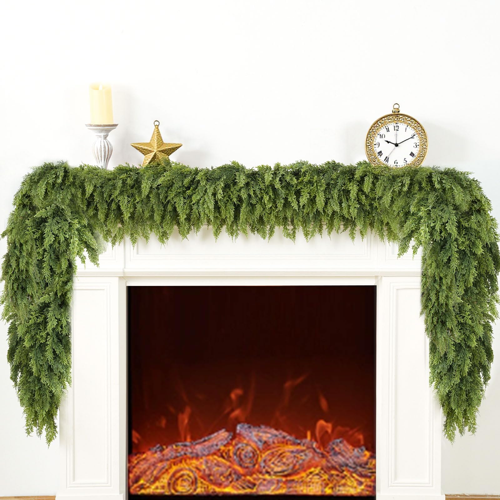 Giauma 9FT Double Fullness Christmas Cedar Garland with 280 Tips Cedar Branches Artificial Realistic Thick Soft Green Faux Winte