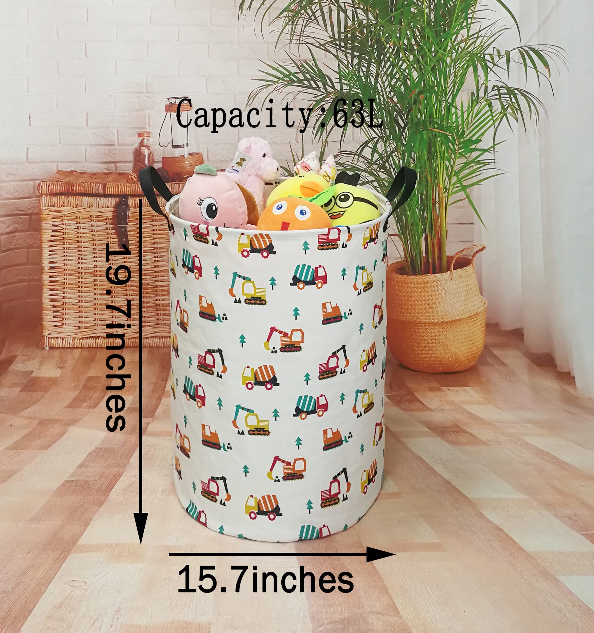 VAIVUSTO Round Laundry Basket  Waterproof Canvas Large Clothes Basket Laundry Hamper with Handles Cute Cartoon Kids Nursery Hamper for Kids Room Toy Storage(Engineering vehicle)