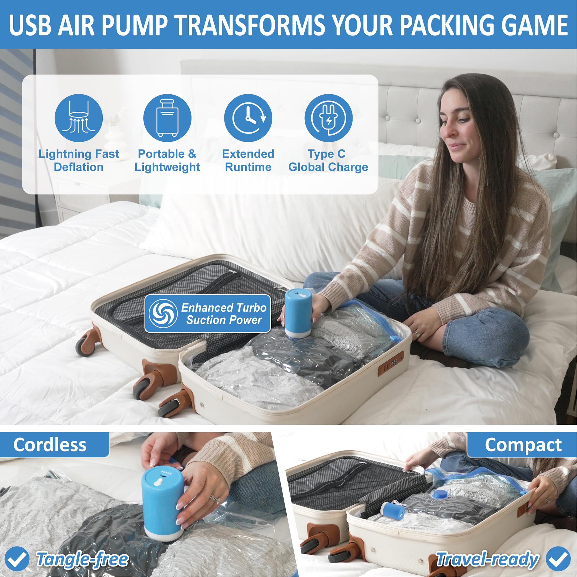 Cozy Essential Travel Vacuum Bags with Rechargeable Electric Pump, 10 Pack Vacuum Travel Bags for Luggage and Suitcase, Vacuum S