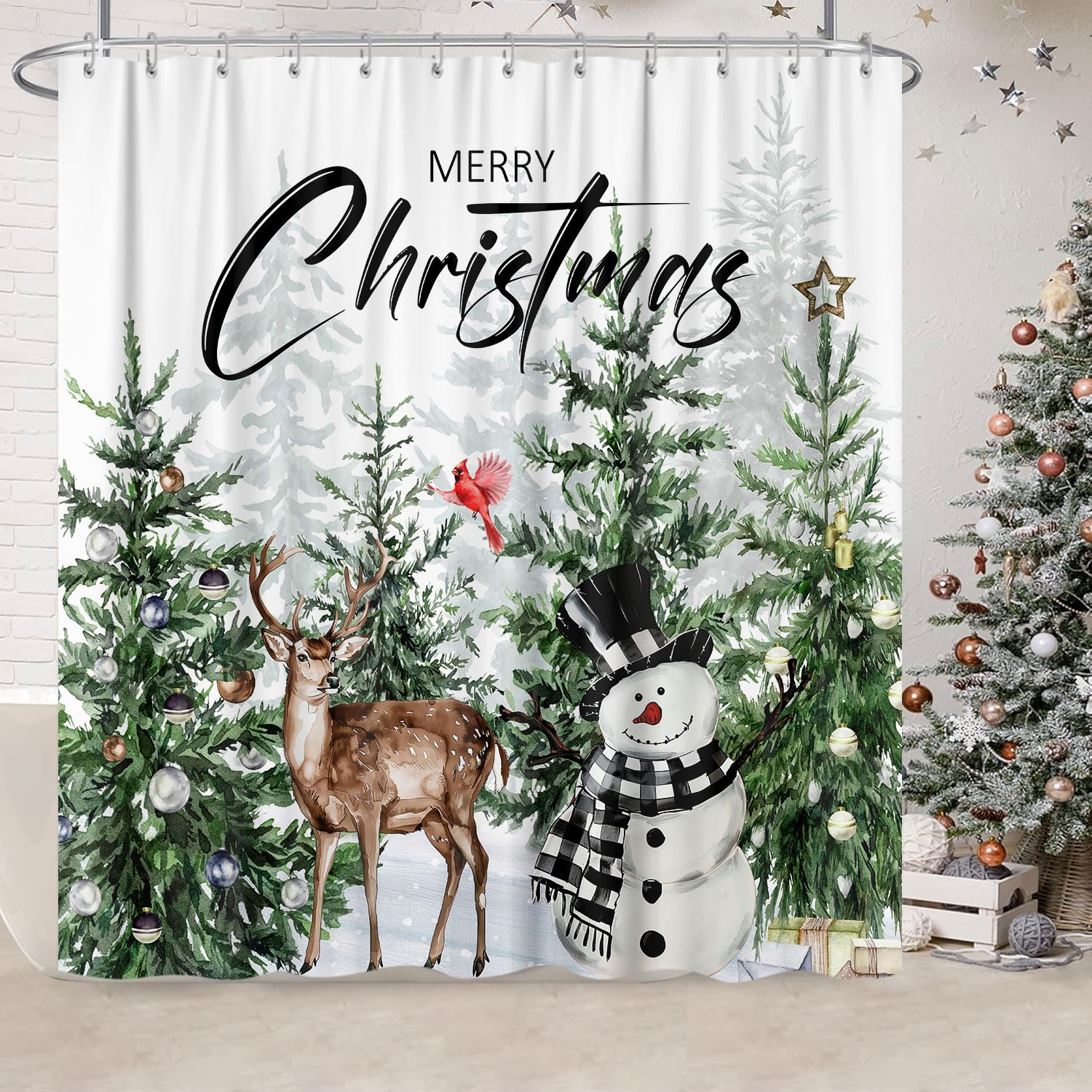 Farmhouse Christmas Forest Shower Curtain Set, Rustic Winter Woodland Snowy Snowflake Snowman Green Pine Tree Deer Cardinal Deco