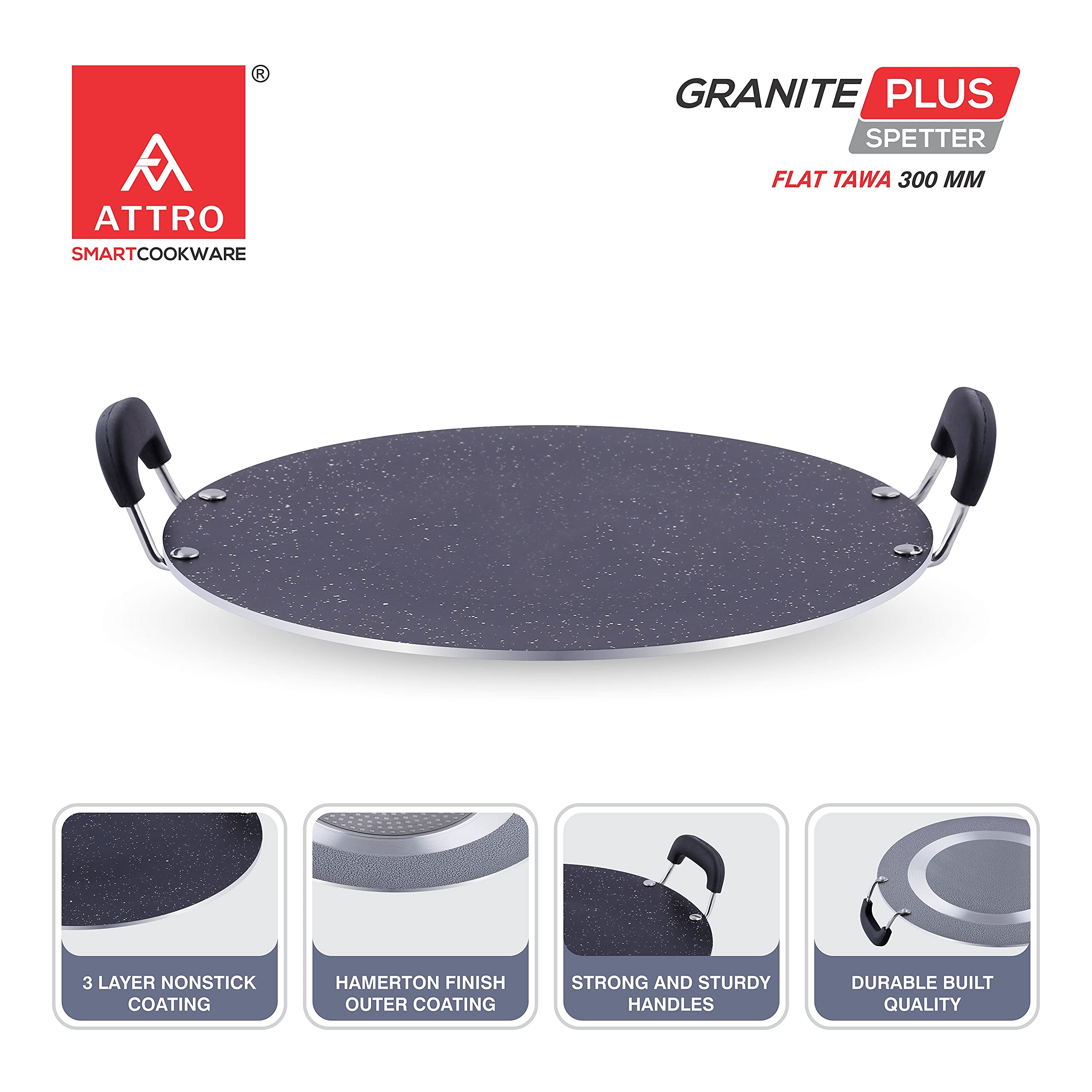 Attro Non Stick Aluminium Heavy Duty Double Handle Flat Spatter Finish Tawa, 300 Mm, (Black)