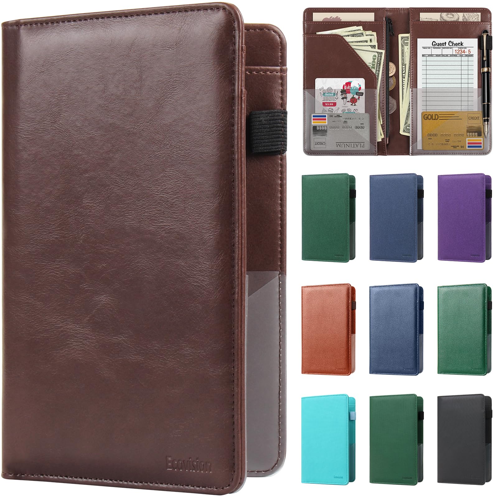 EcoVision Server Book for Waitress, Leather Waiter Organizer with Zipper Pocket, Restaurant Waitstaff Booklet, Guest Check Holde