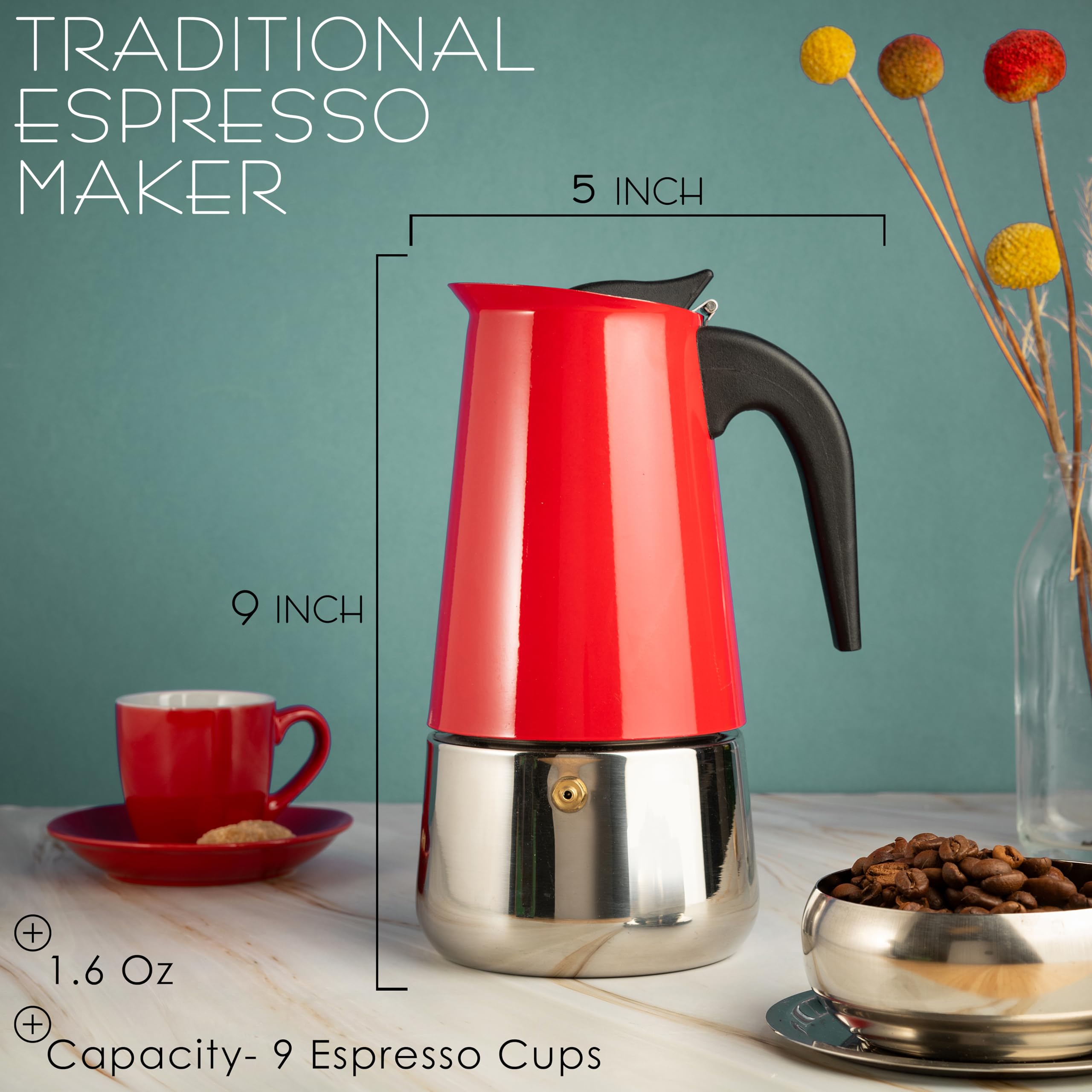 Mixpresso 9 Cup Greca Stovetop Espresso Maker 450Ml/15Oz, Moka Pot With Coffee Percolator Design, Red Stainless Steel Stove Top