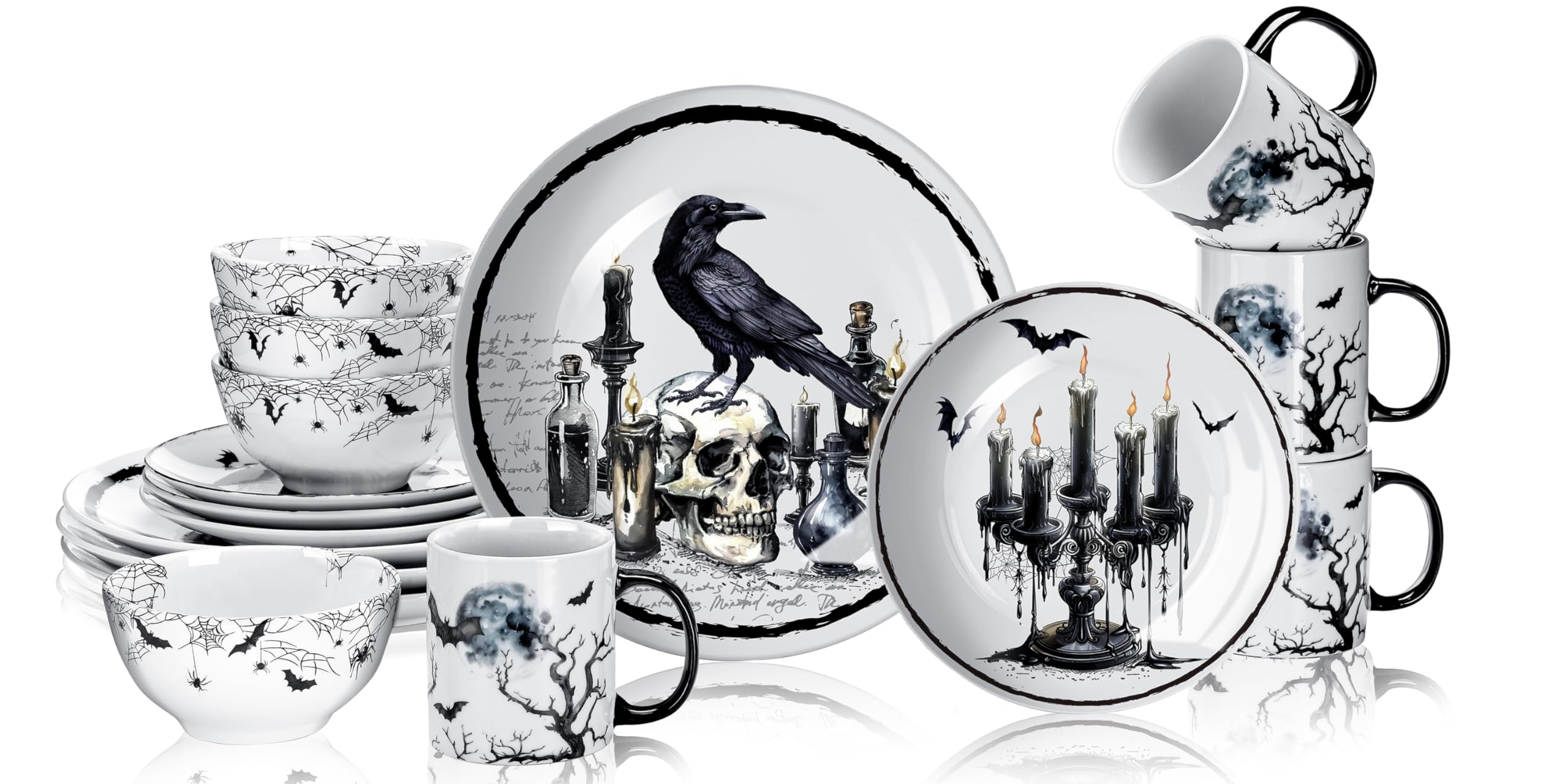 Pickmesh 16 Pcs Halloween Gothic Dinnerware Set Serve 4 Guest Ceramic
