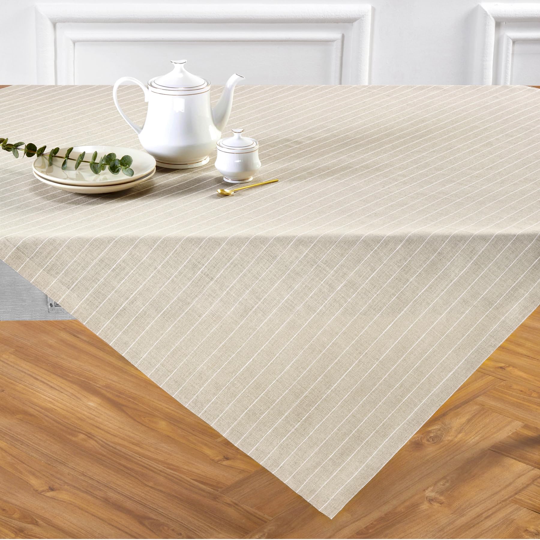 Solino Home Pinstripe Linen Tablecloth 52 X 52 Inch - 100% Pure Linen Natural And White Table Throw For Spring, Easter - Handcra