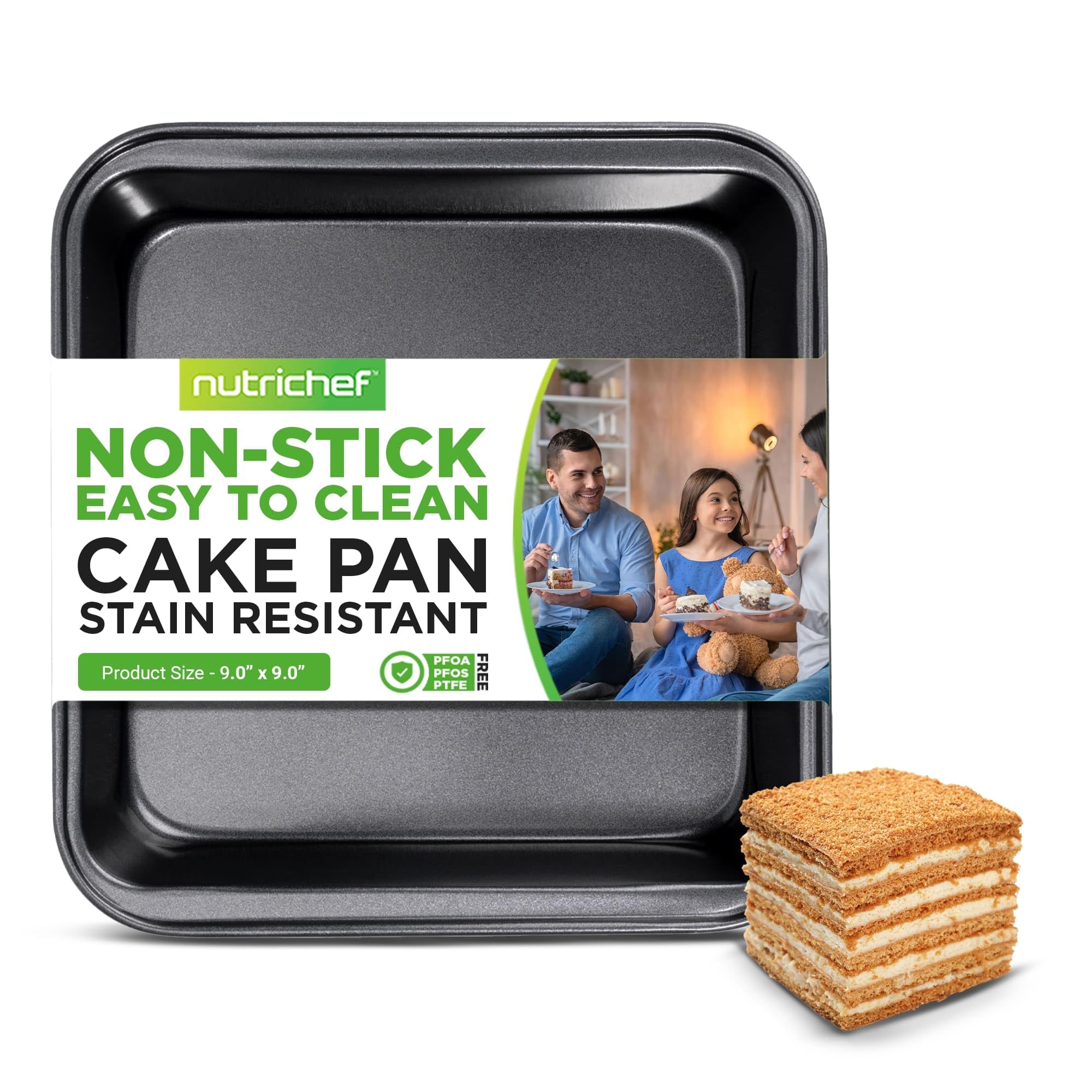 NutriChef 9 Nonstick Square Cake Pan  Heavy Duty Carbon Steel Baking Tray for Kitchen Oven  Bakeware for Cakes, Cookies, Brow
