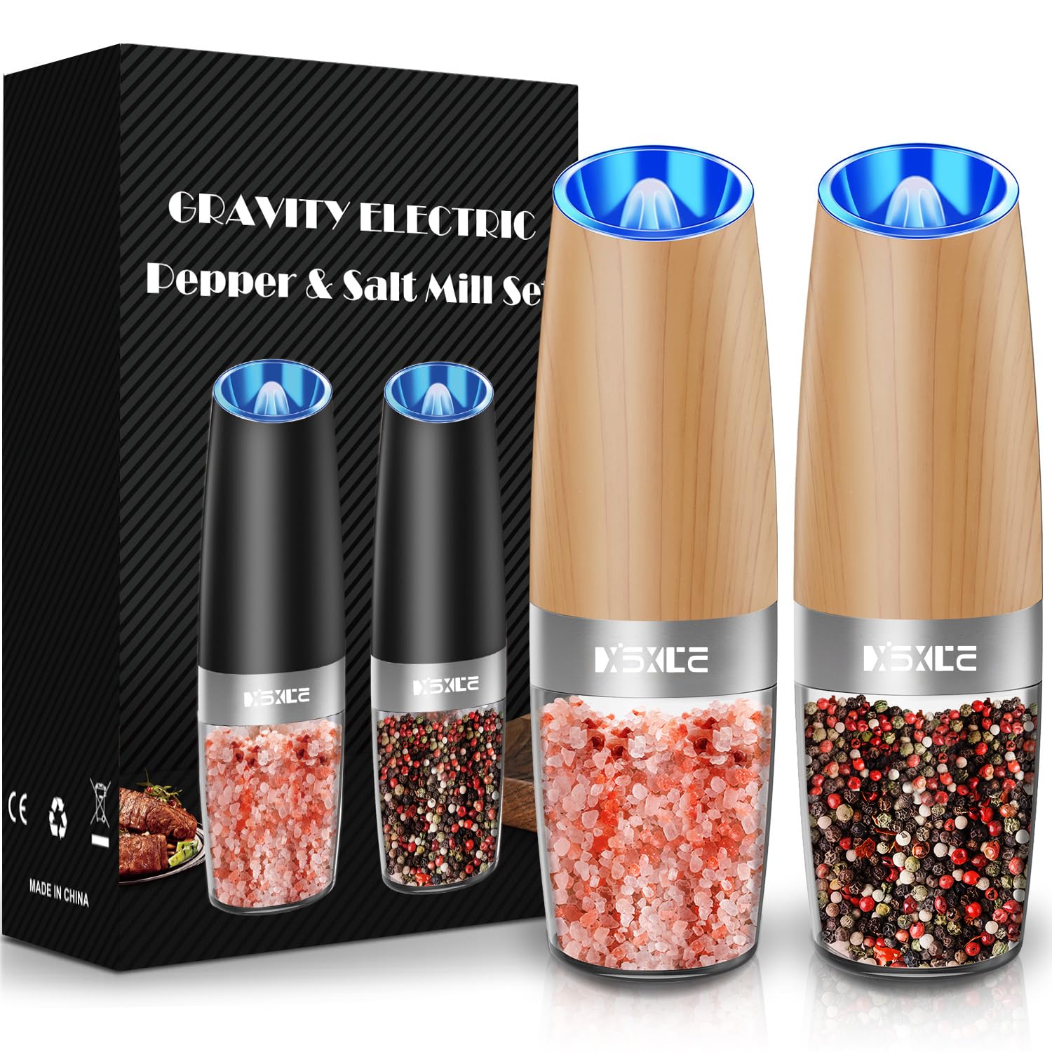 XinXu Electric Pepper Grinder, Salt or Pepper Mills & Adjustable Coarseness, with LED Light, One Hand Automatic Operation -Set/R
