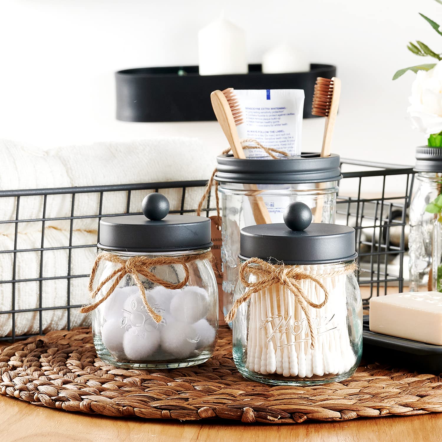 Apothecary Jars Set,Mason Jar Decor Bathroom Vanity Storage Organizer Canister,Premium Glass Qtip Holder Dispenser For Cotton Sw
