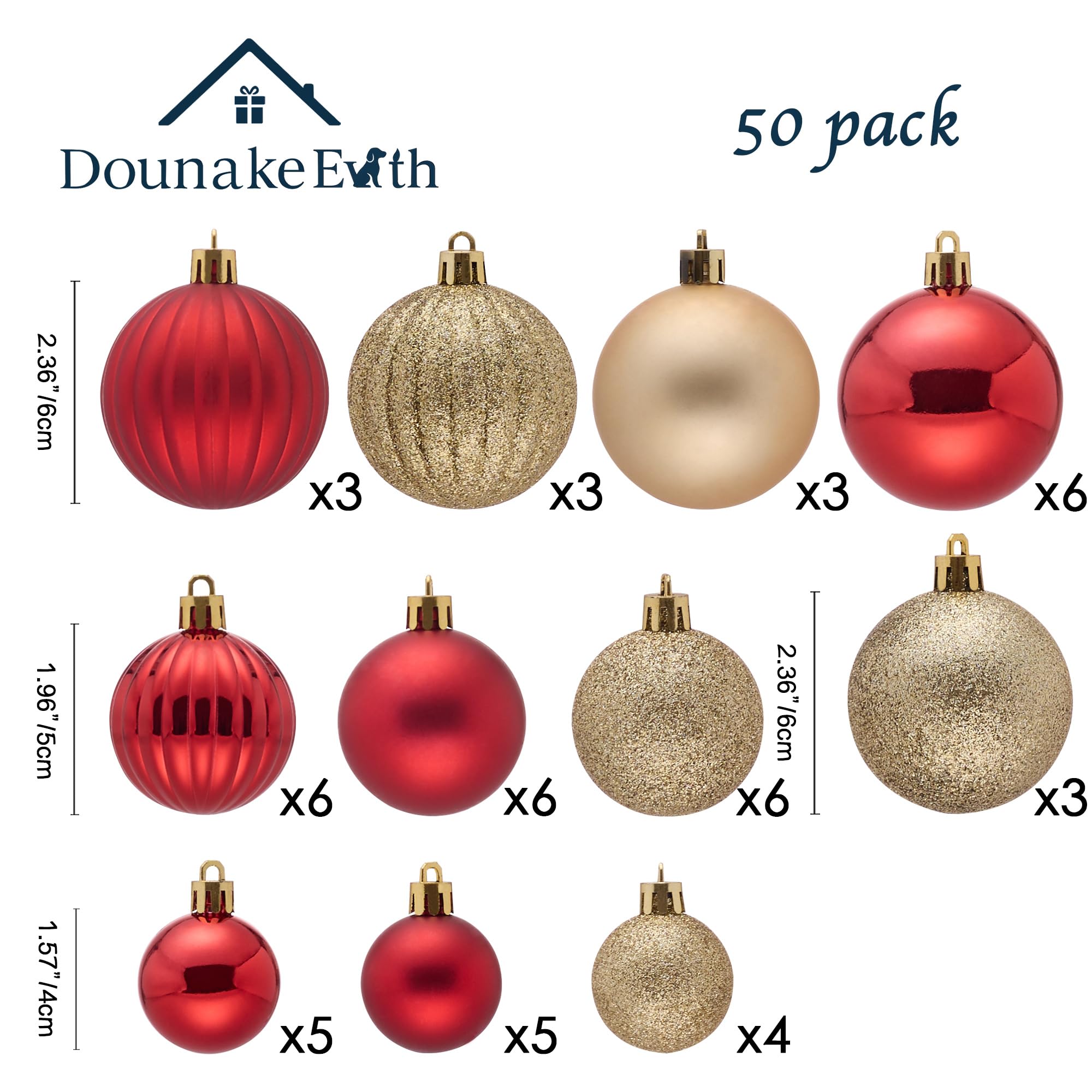 DounakeEvth Christmas Tree Decorations Ornament Set, 50ct Red and Gold Shatterproof Christmas Ball Ornaments Hanging Xmas Holida