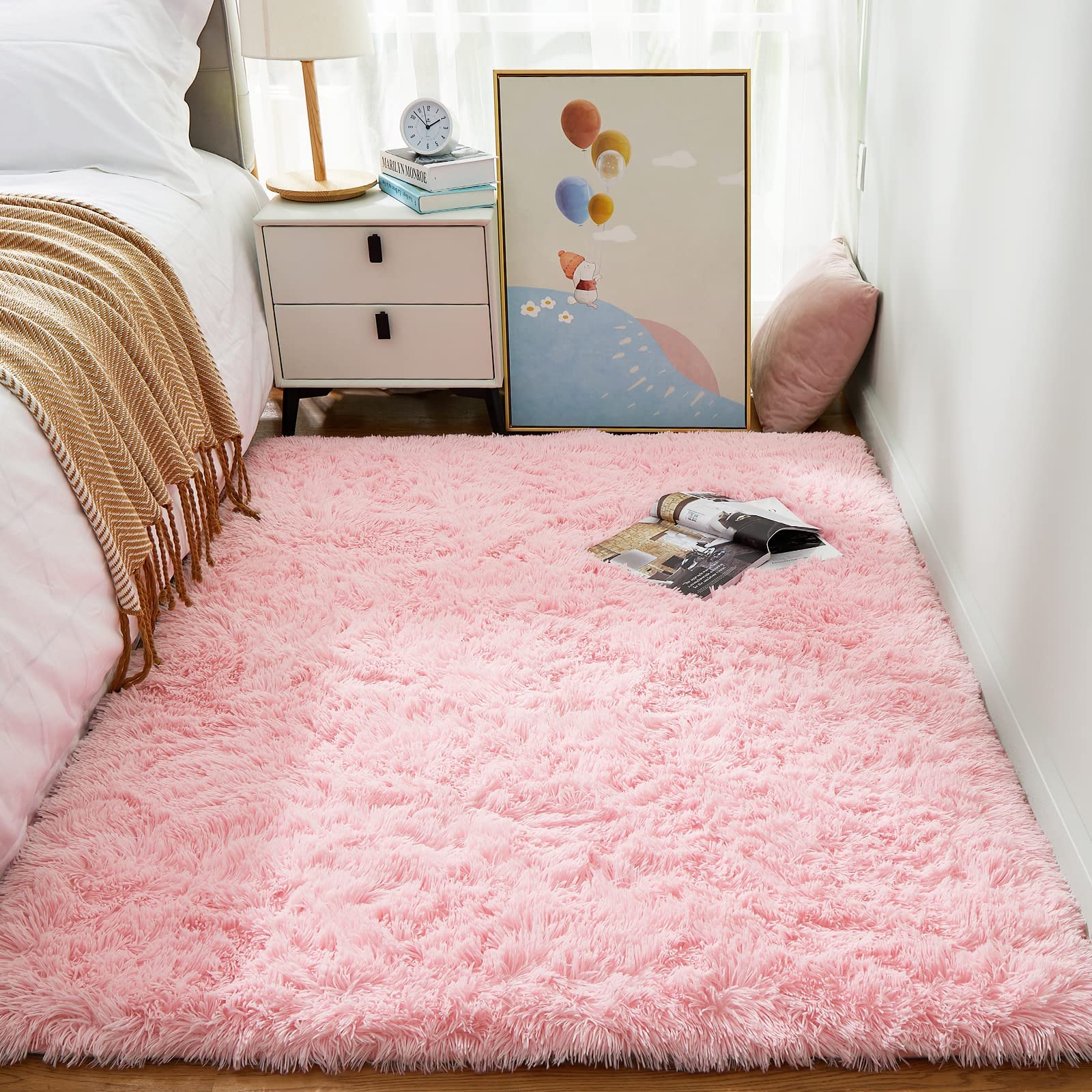 Ophanie 3x5 Pink Rug, Bedside Preppy Dorm Area Rug, College Essentials Non Slip Small Carpets for Bedroom, Anti Slip Fluffy Livi