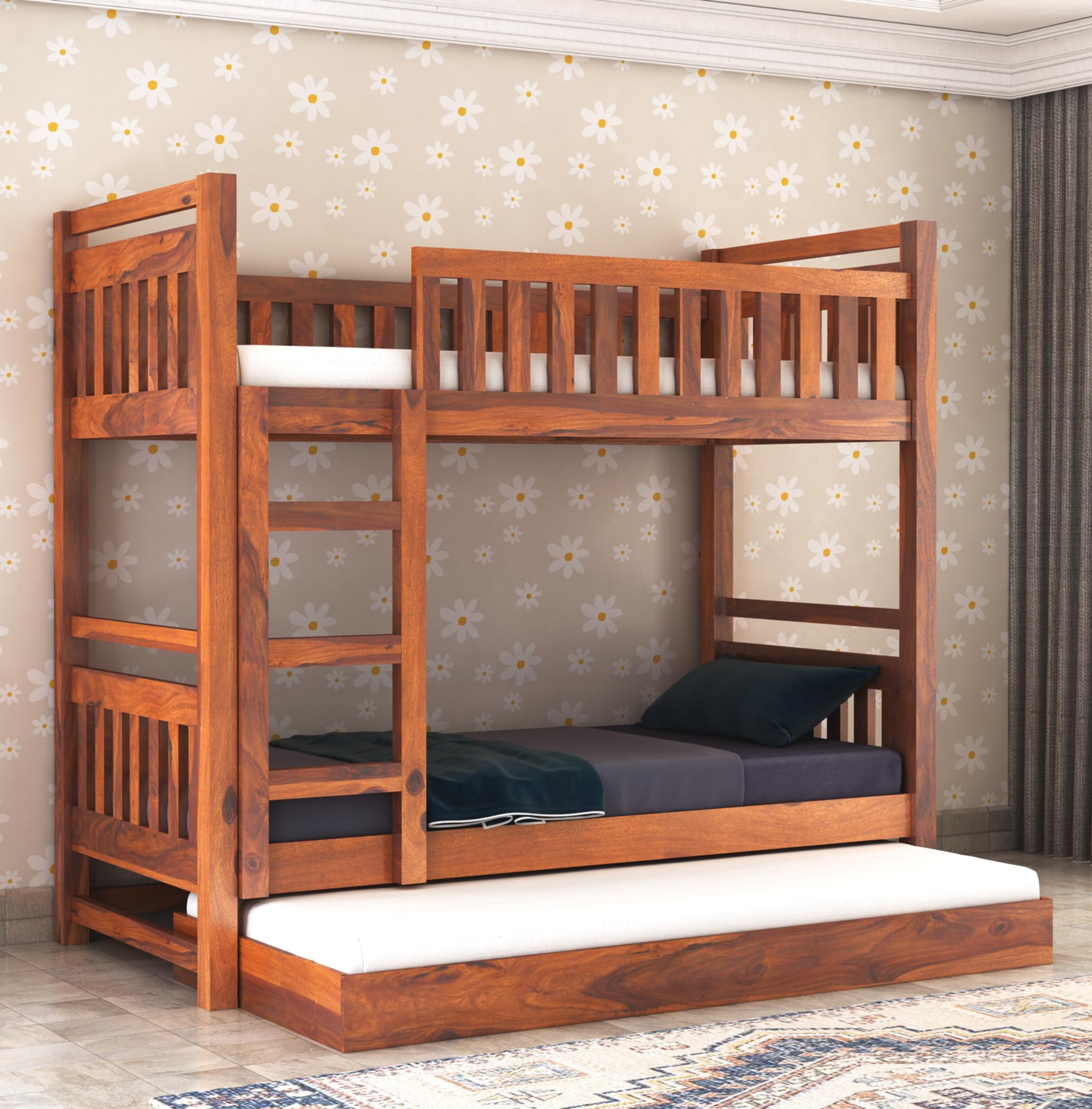 Strata Furniture Solid Sheesham Wood Bunk Bed With Trundle Wooden Bunk Bed With Ladder For Bedroom Living Room Home (Honey Finis