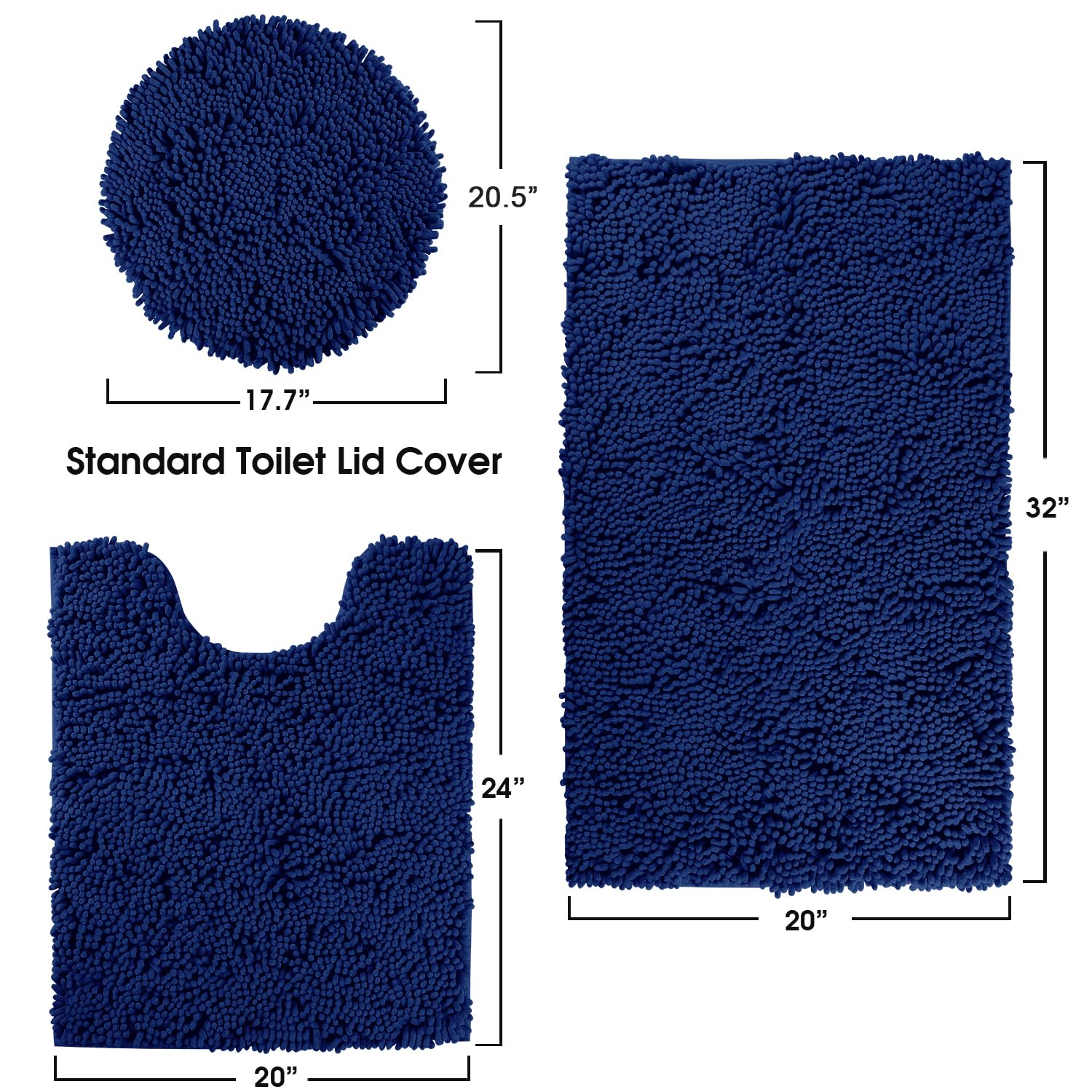 Homeideas Navy Blue Bathroom Rugs Sets 3 Piece, Chenille Bath Rugs Soft Absorbent Non Slip Washable Bath Mats With Toilet Lid Co