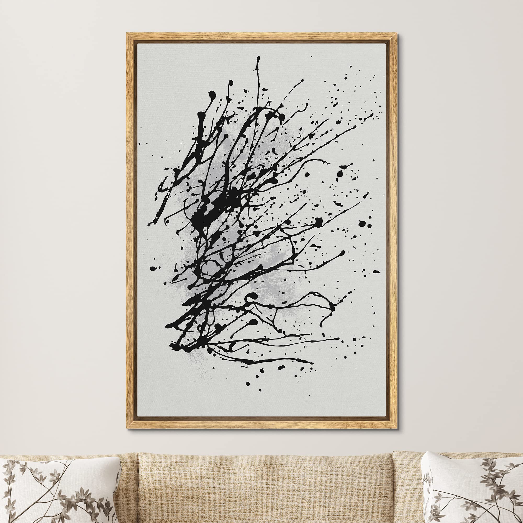 Signford Framed Canvas Print Wall Art Black White Paint Splatter Collage Abstract Shapes Illustrations Modern Art Decorative Boh