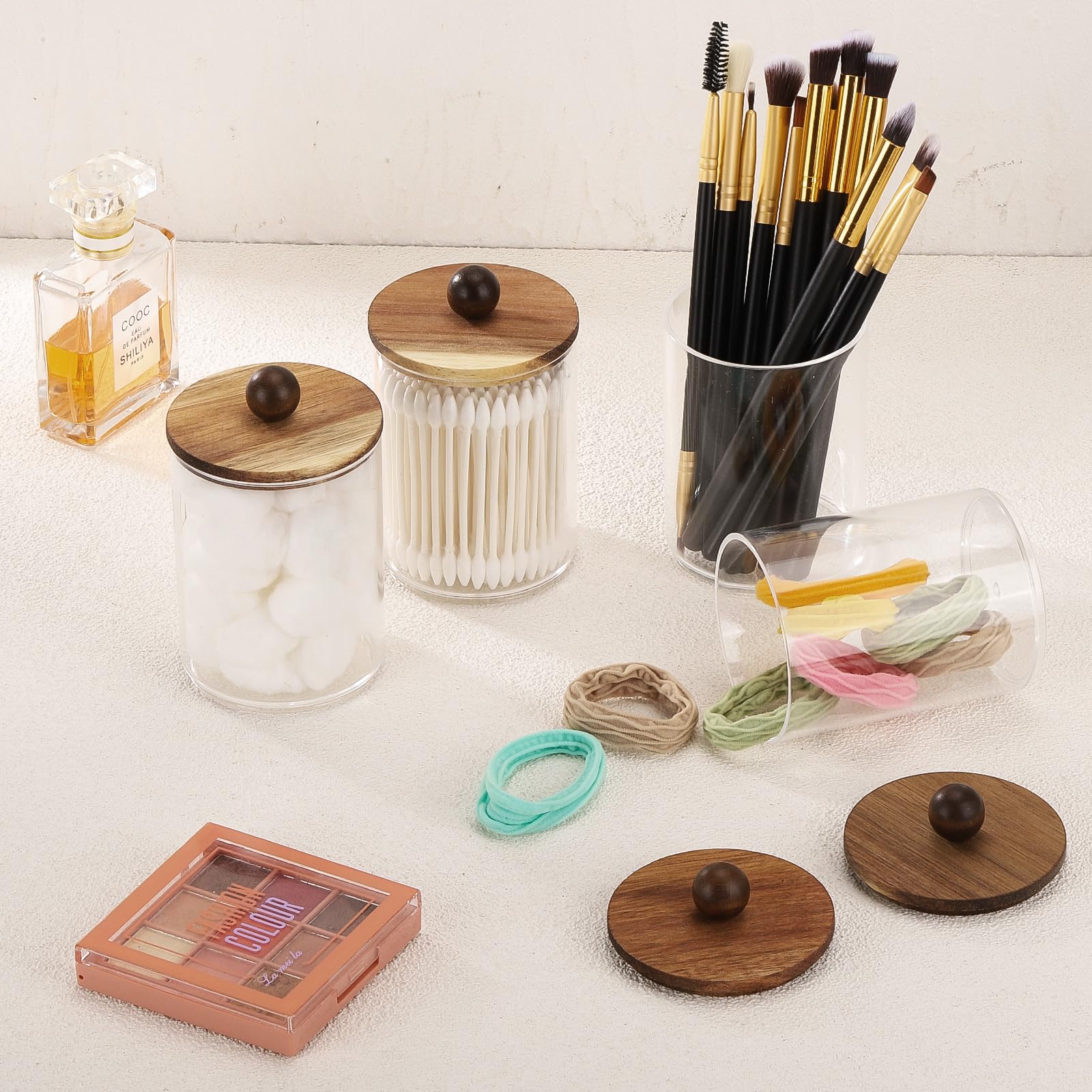Tbestmax Qtip Holder With Wood Lids, 10Oz Plastic Apothecary Jars For Cotton Ball, Cotton Swab, Floss, Clear Bathroom Containers
