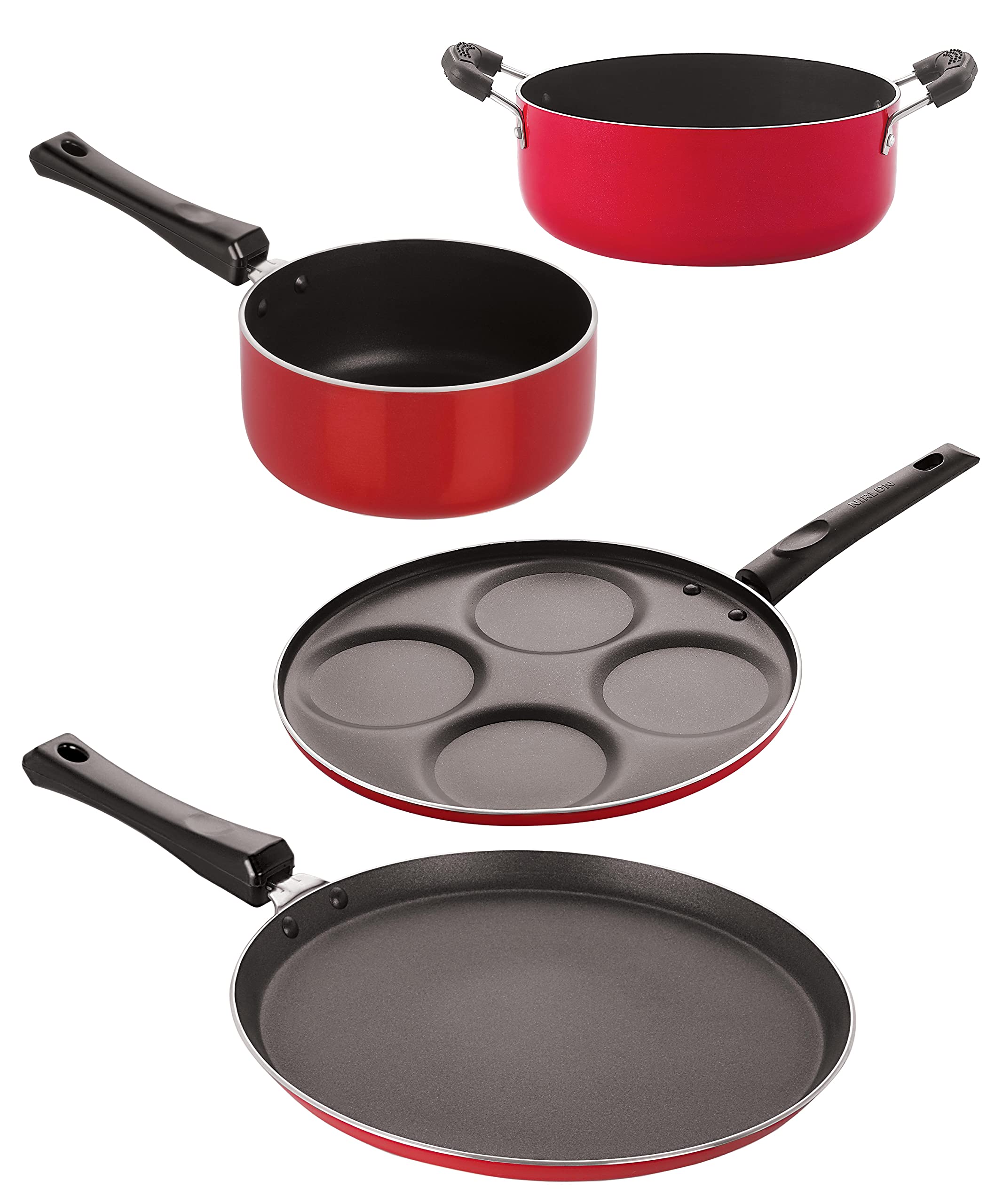 Nirlon Gas Compatible Non Stick Aluminium Cookware Set Of 4 Pieces, (Ft10_Sp(M)_Up4_Cs24)Red & Black