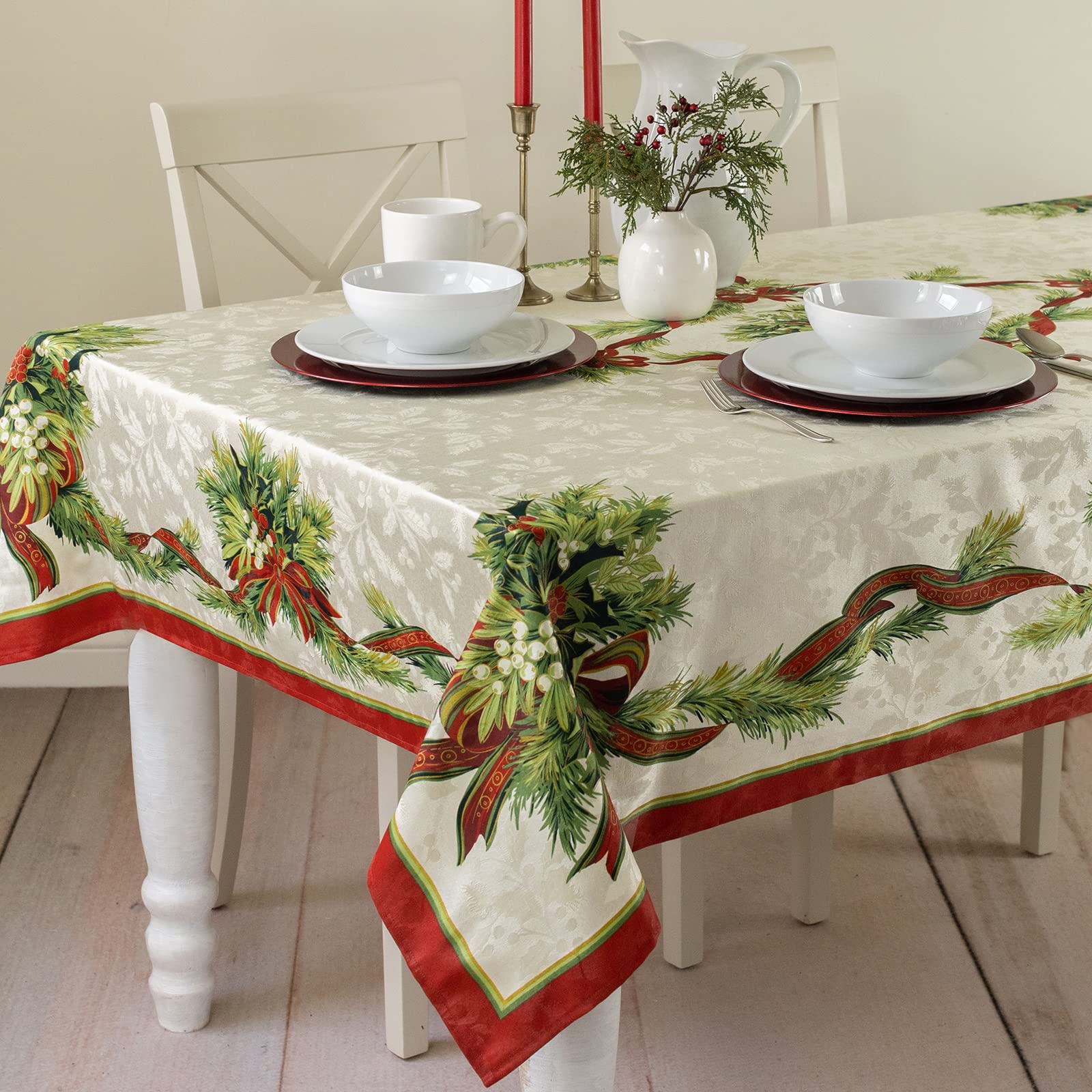 Benson Mills Christmas Ribbons Engineered Printed Fabric Table Cloth, Winter, Holiday And Christmas Tablecloth (52'' X 70'' Rect