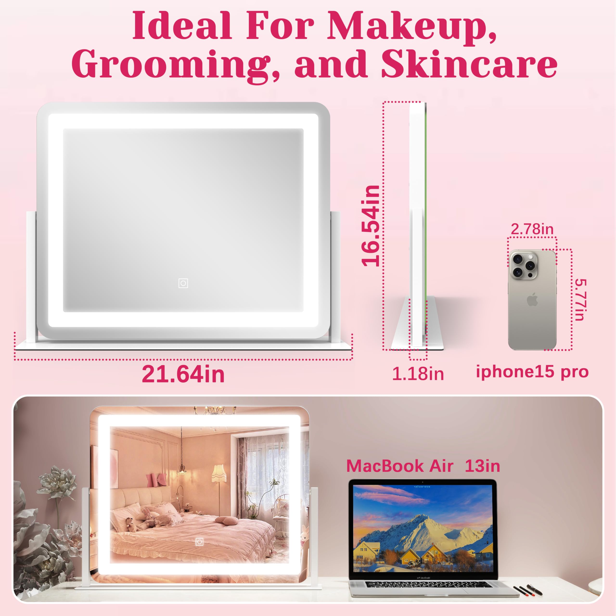 Hnv Vanity Mirror With Lights - 15X13 Led Lighted Makeup Mirror, Dimmable Touch Screen With 3-Color Lighting, 360 Rotation, Alum