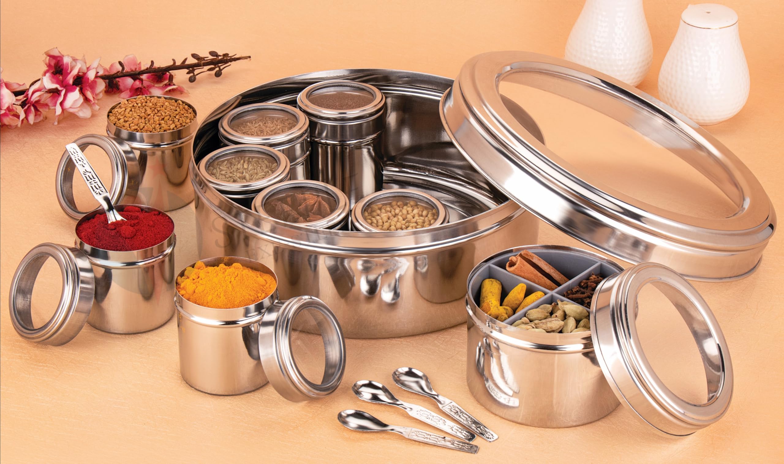 Steeple Masala Box For Kitchen With Individual SeeThrough Lids | Spice Container | Silver Masala Dabba | Kitchen Spice Organize