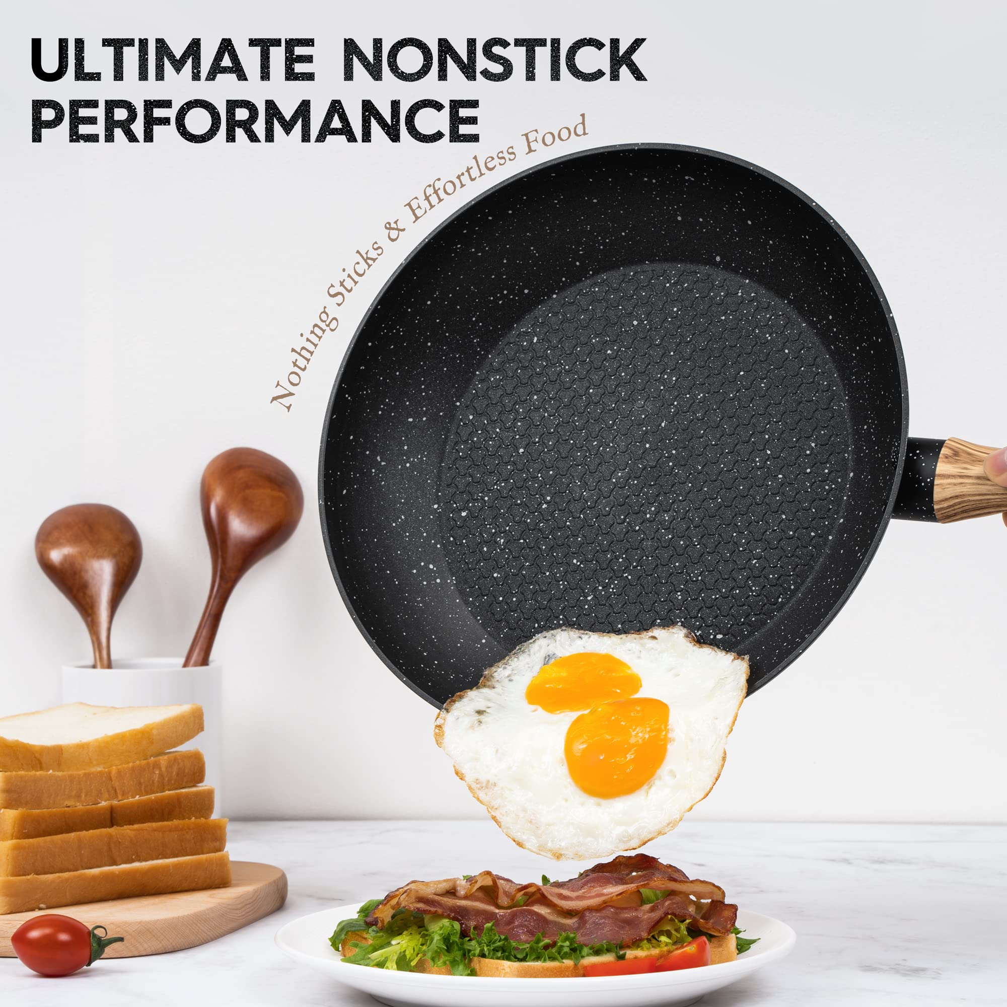 Michelangelo Nonstick Frying Pan With Lid, 10 Inch Frying Pan With Nonstick Honeycomb Coating, Nonstick Fry Pan With Lid, Health