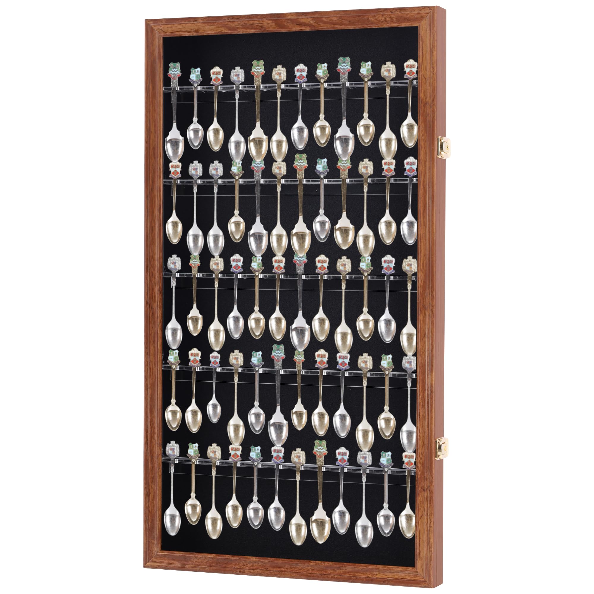 60 Souvenir Spoon Tea Spoon Display Case Rack Holder Wall Cabinet, UV Protection, Lockable (Walnut Finish)