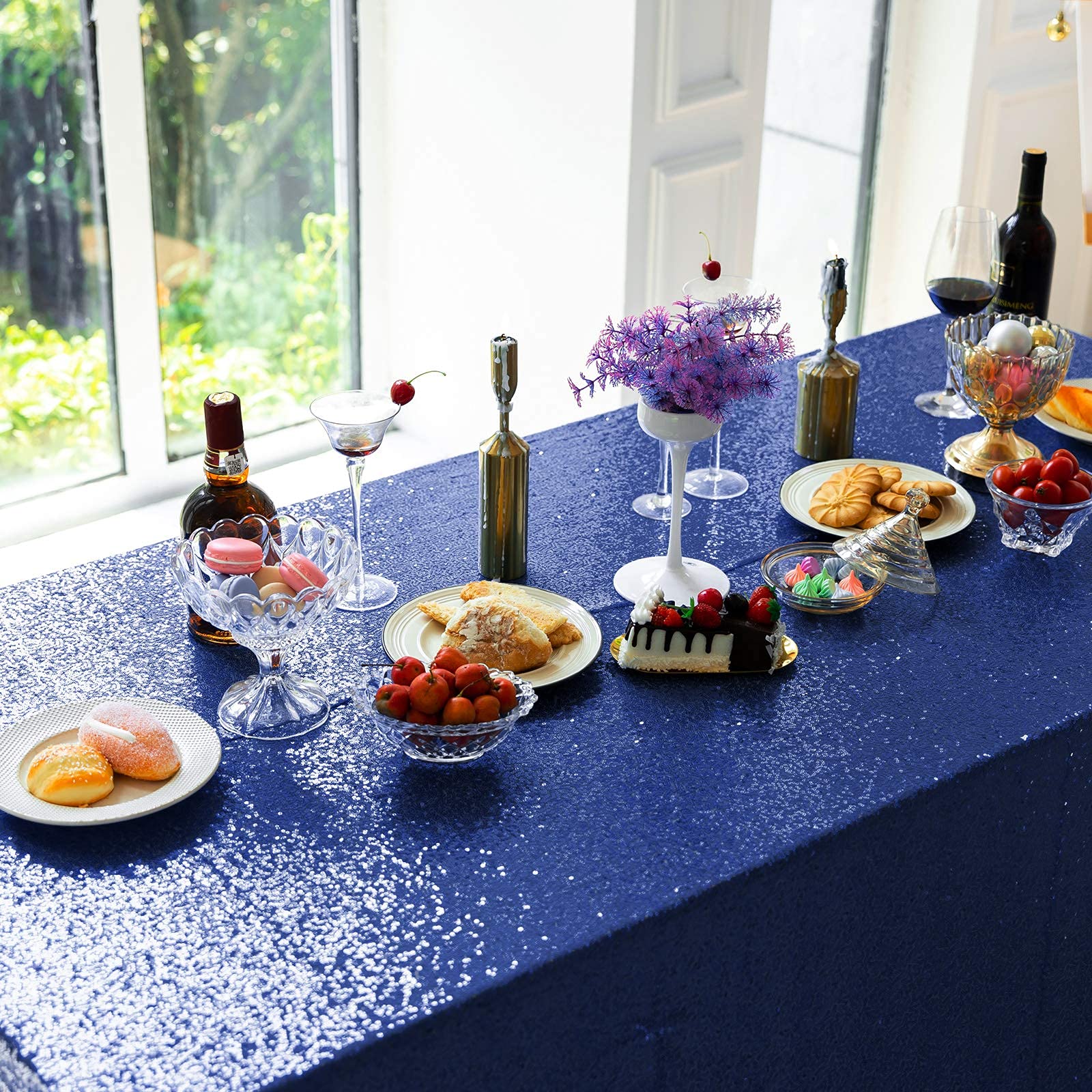 Jyflzq Navy Blue Sequin Tablecloth 60 X 102 Rectangular Sparkly Drape Table Cloths Table Cover Overlay For Wedding Birthday Part