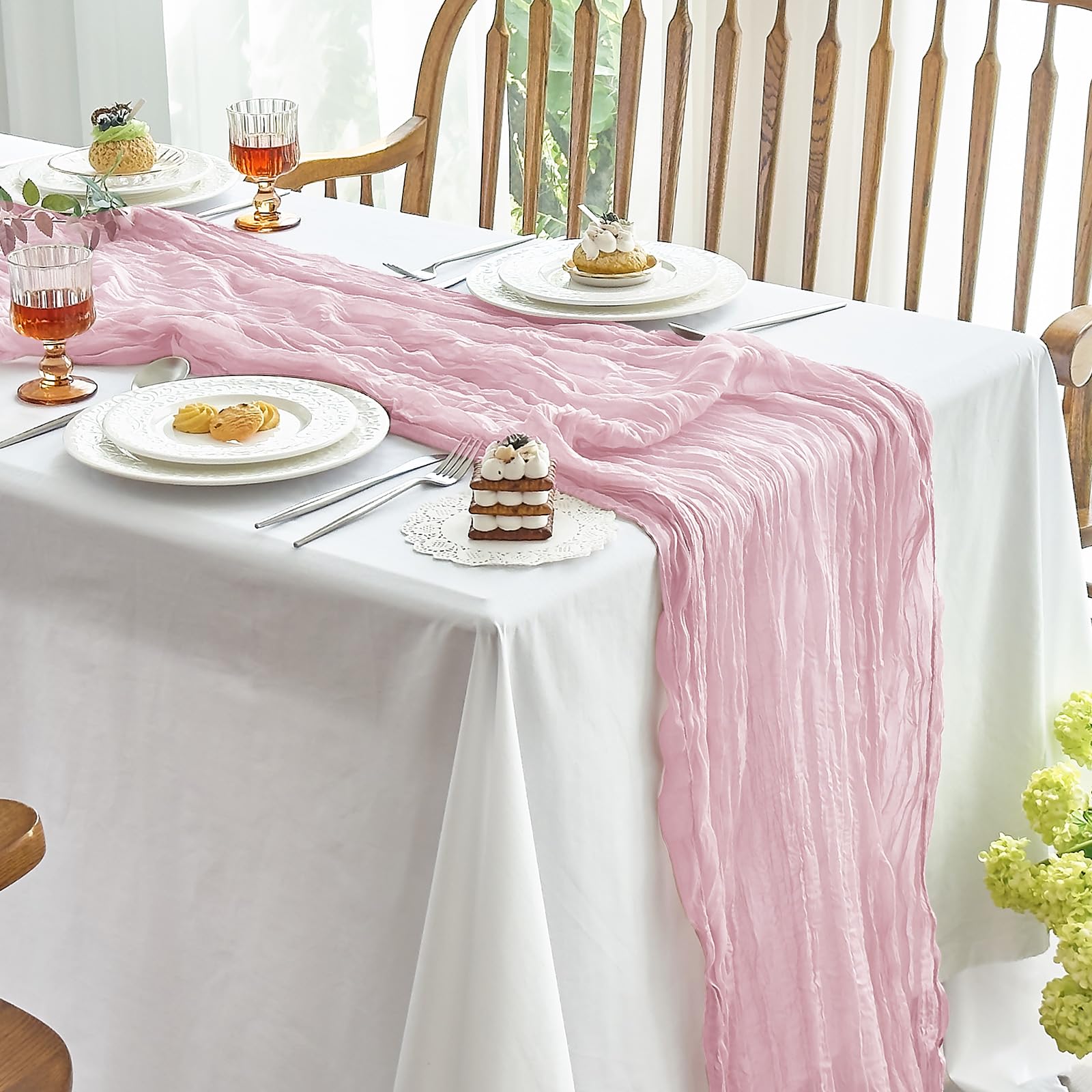 IVAPUPU 2 Pcs Cheesecloth Table Runner - 10ft Pink Boho Gauze Cheese Cloth Table Runners for Baby Shower Decoration Wedding Part