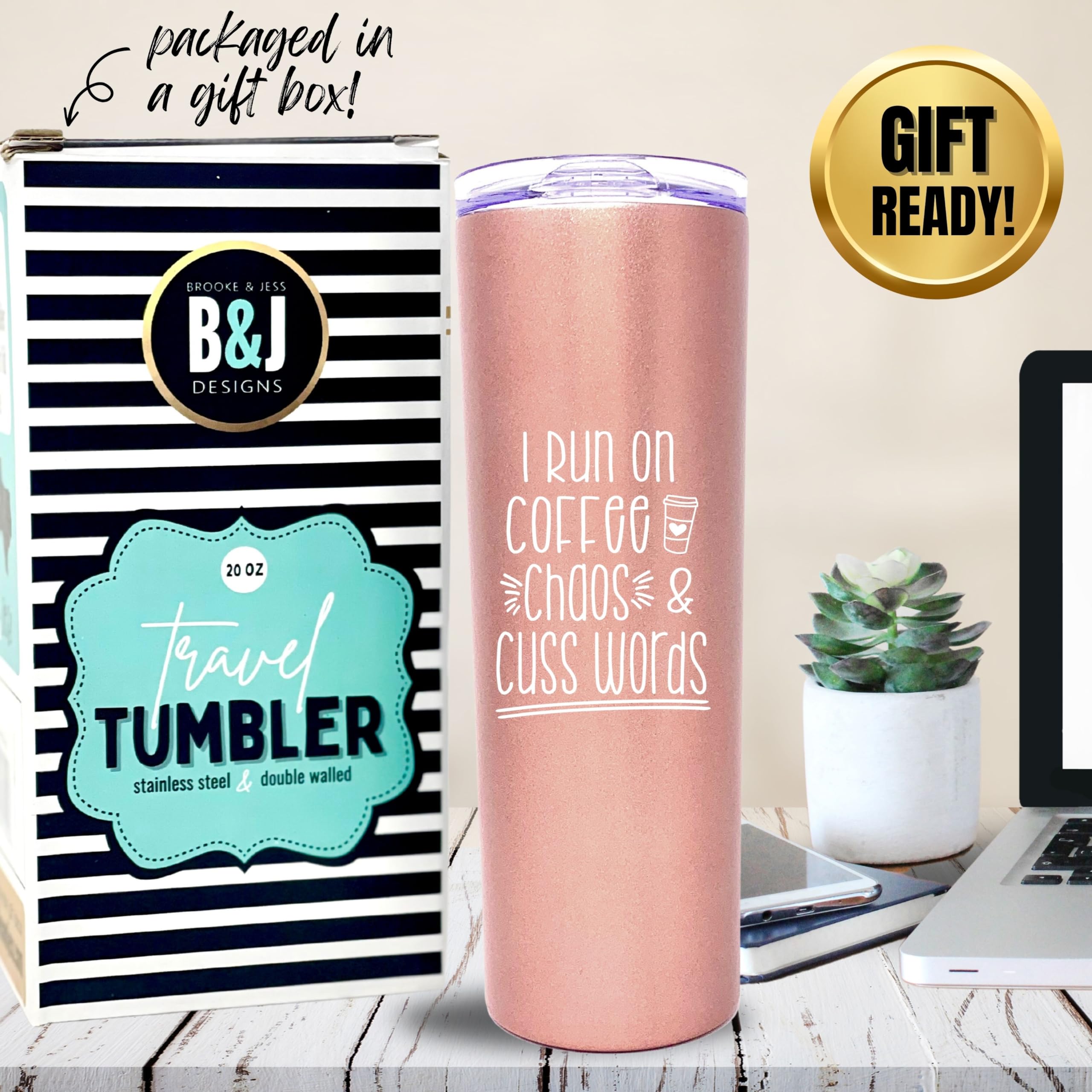 Brooke & Jess Designs Coffee Chaos Cuss Words 20 Oz Tumbler - Best Insulated Travel Cup For Women - Great Gifts For Mom, Coworke