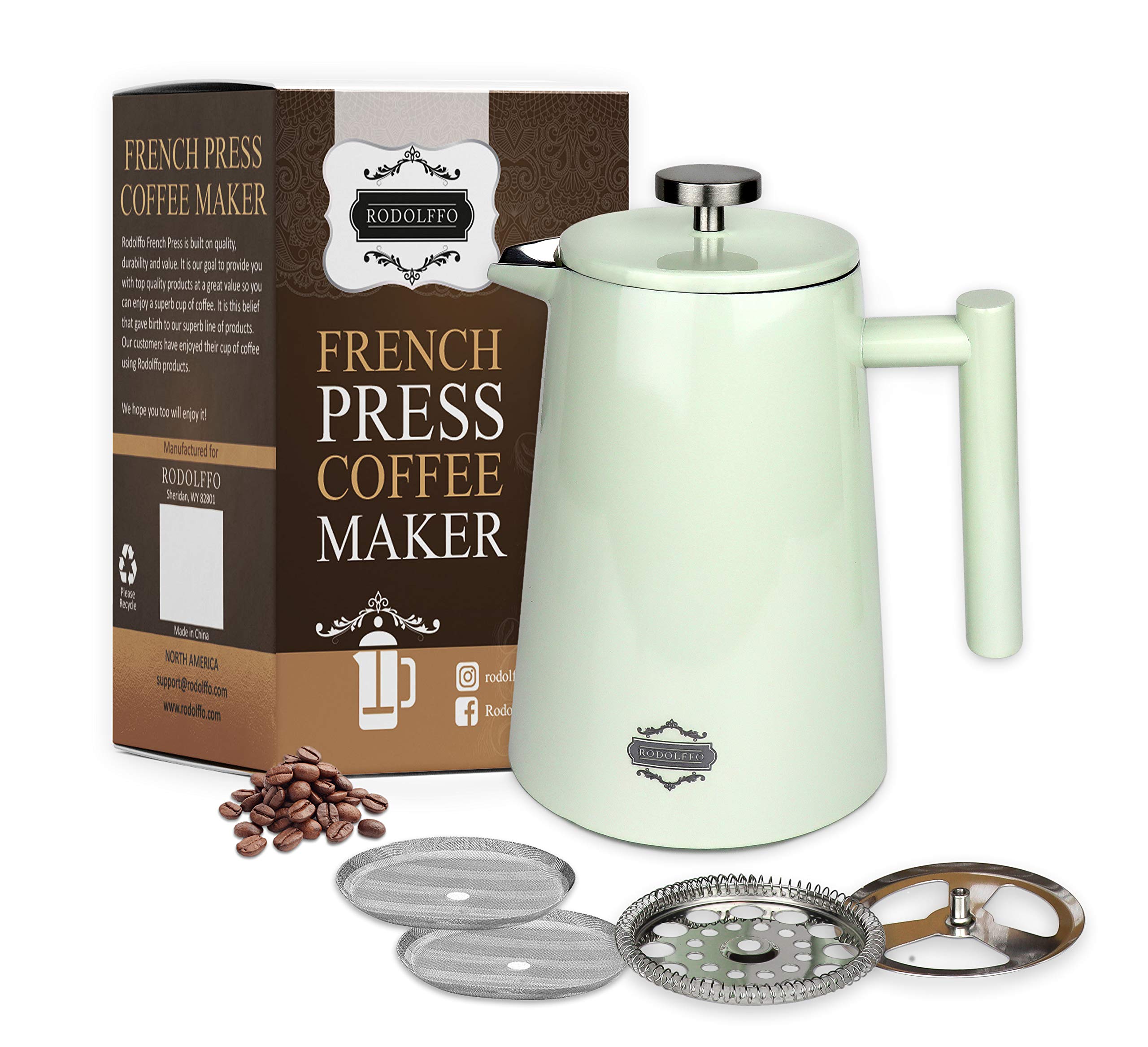 Rodolffo French Press Coffee And Tea Maker - Vacuum Insulated Premium Stainless Steel Coffee Press 34 Ounce - 1 Liter. Stylish O