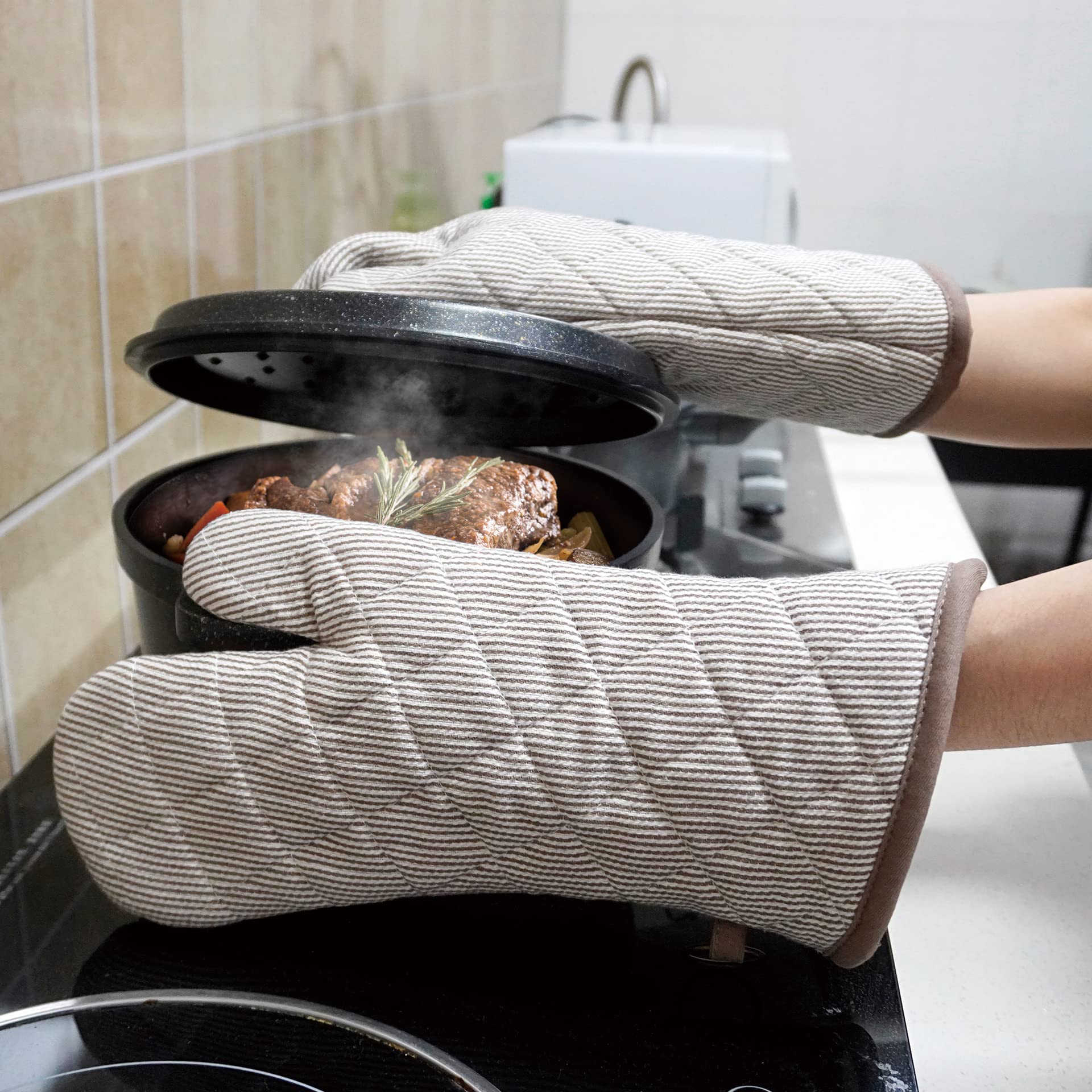 1 Pair Yarn Dyed Oven Mitts 100% Cotton Heat Resistant 470 Degree Gloves Men Women Cooking Baking Barbecue Bbq Microwave Craftin