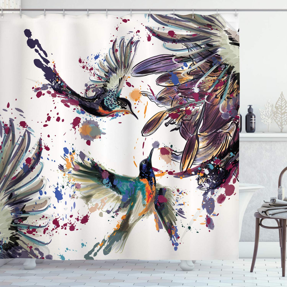 Ambesonne Hummingbird Shower Curtain Fabric Bathroom Accessories Set With Hooks Art Lily Flowers Birds And Color Splashes In Wat