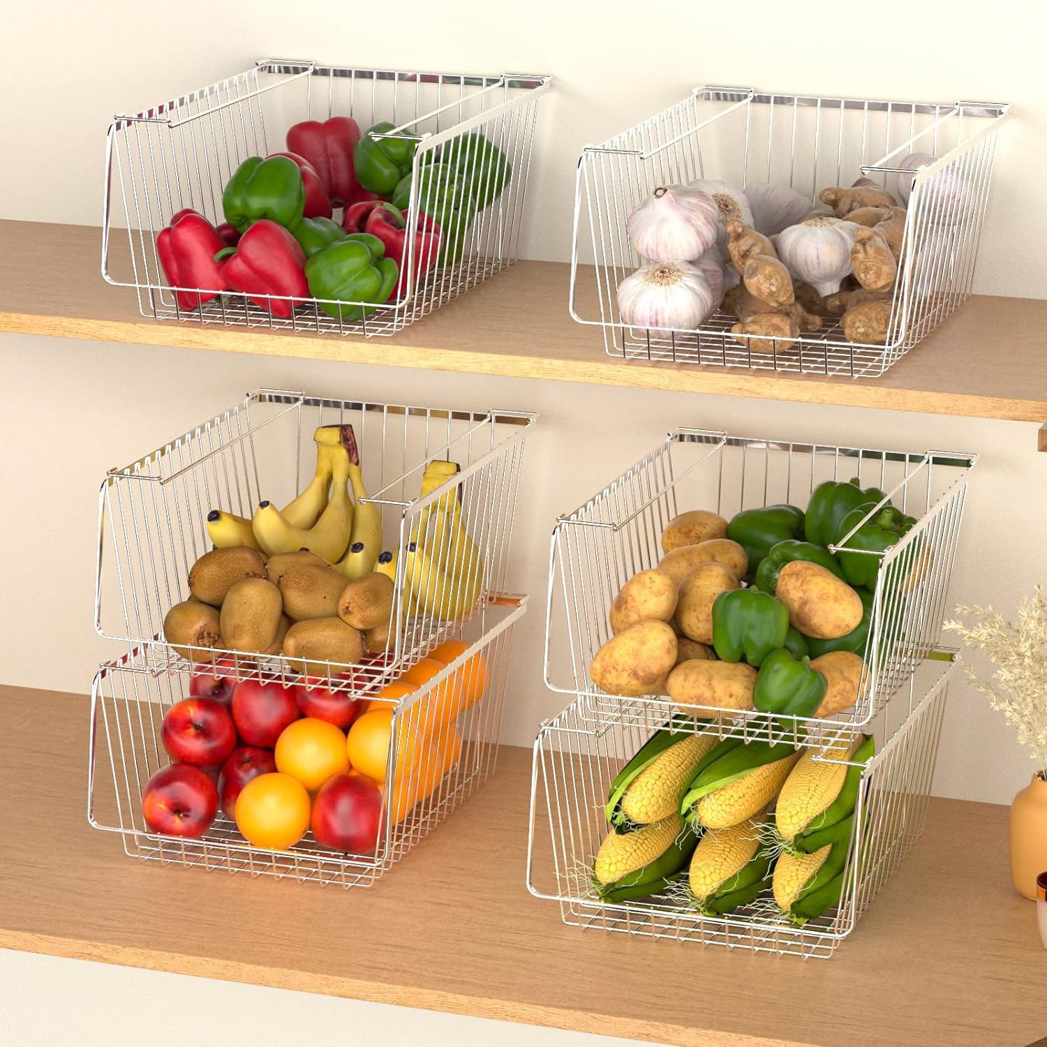 Sanno 14'' Stacking Baskets Bin Wire Storage Baskets Organization Farmhouse Scoop Baksket For Pantry, Kitchen, Closets, Bathroom