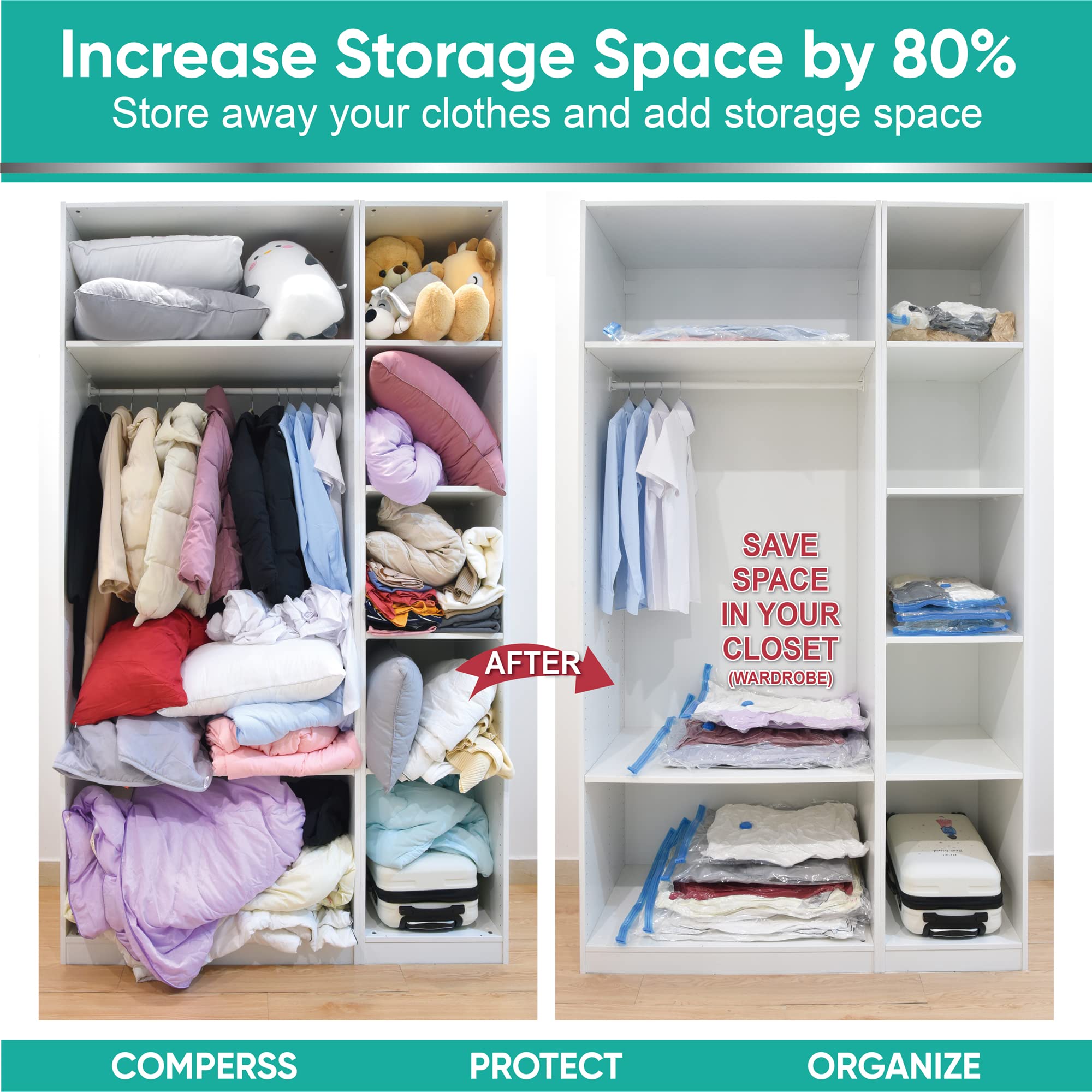 MattEasy Space Saver Vacuum Storage Bags  6 Pack Space Saver Bags with Pump  Storage Vacuum Sealed Bags for Clothes  Comforters  Blankets  Bedding (6 Small)